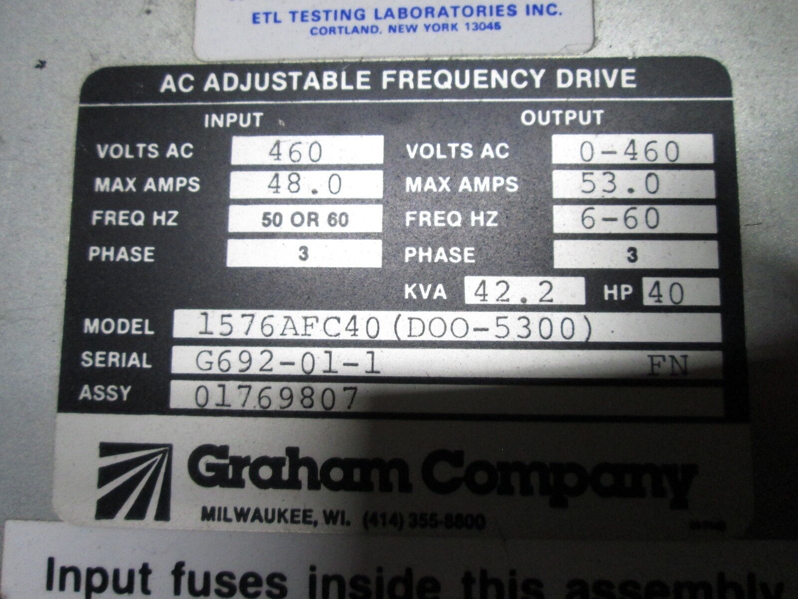 Graham AC Drive 1576AFC40 40HP 3Ph Input: 460V 48A Output: 0-460V 53A Used