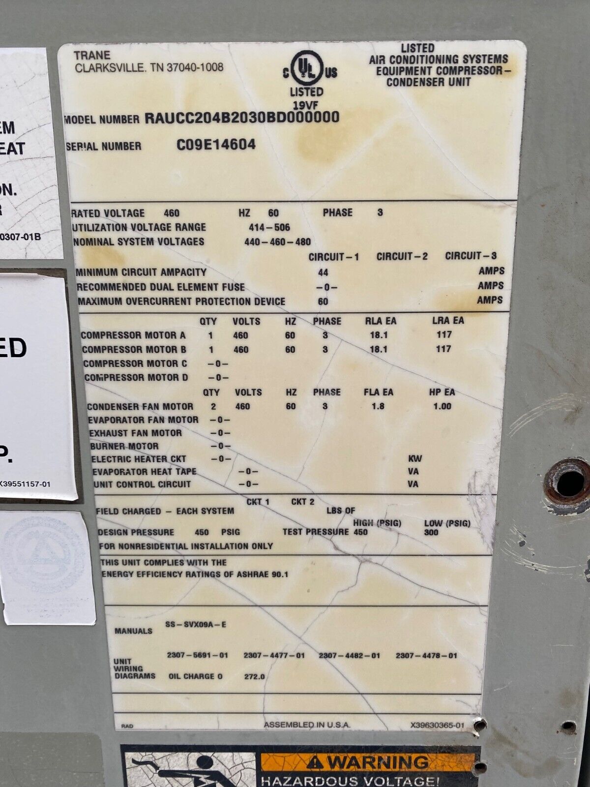 Trane RAUC Condensing Unit RAUCC20, 20 Ton, 460V 3PH MFD 2009 Used