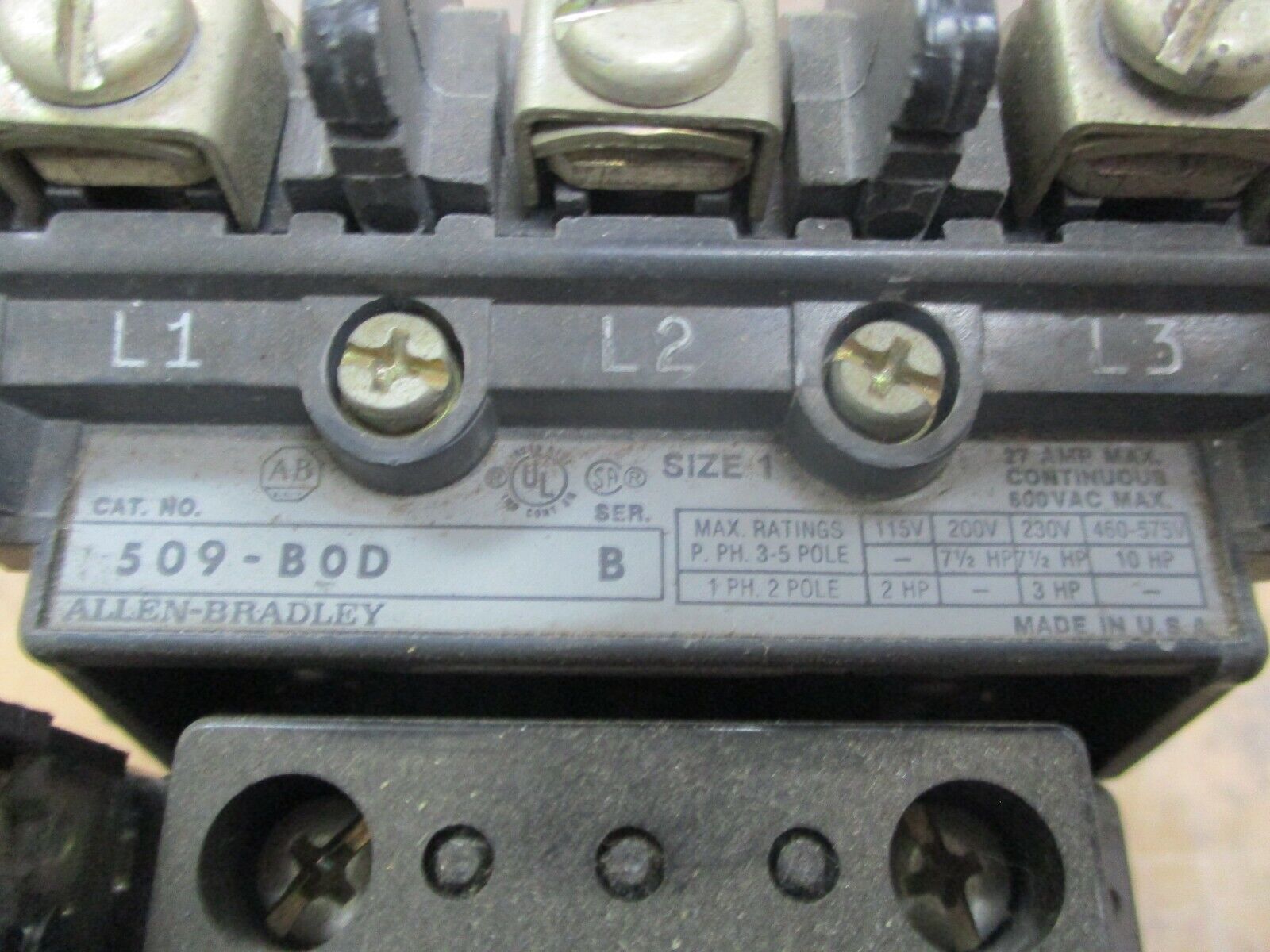 Allen-Bradley Size 1 Starter 509-B0D 120V Coil 27A 600V Used