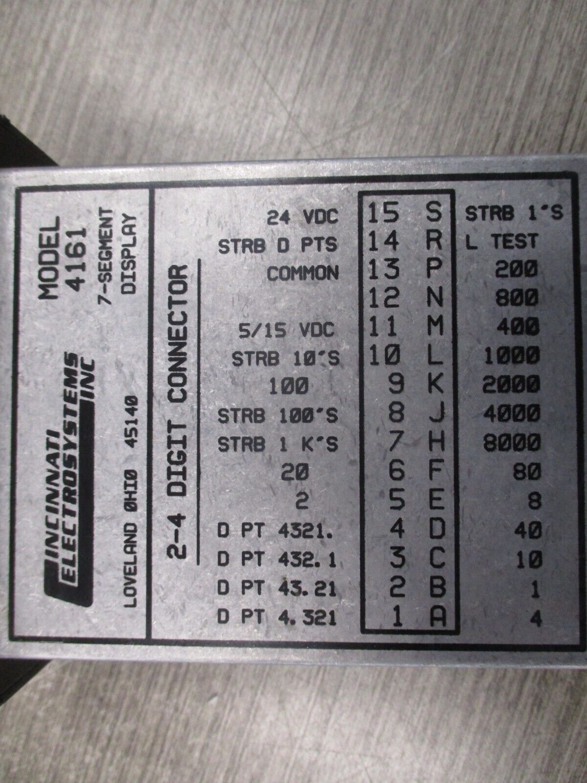 Cincinnati Electrosystems 7-Segment Display 4161-8-24 W/815-501 Adapter Board
