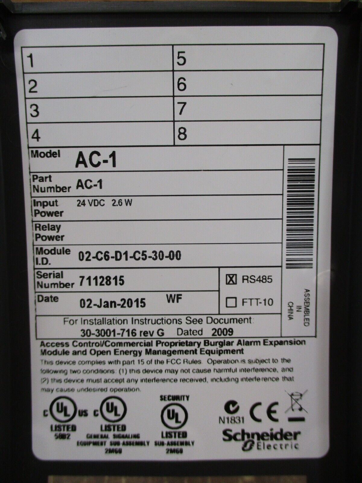 Schneider Electric Access Control Expansion Module AC-1 RS485 24VDC 2.6W Used