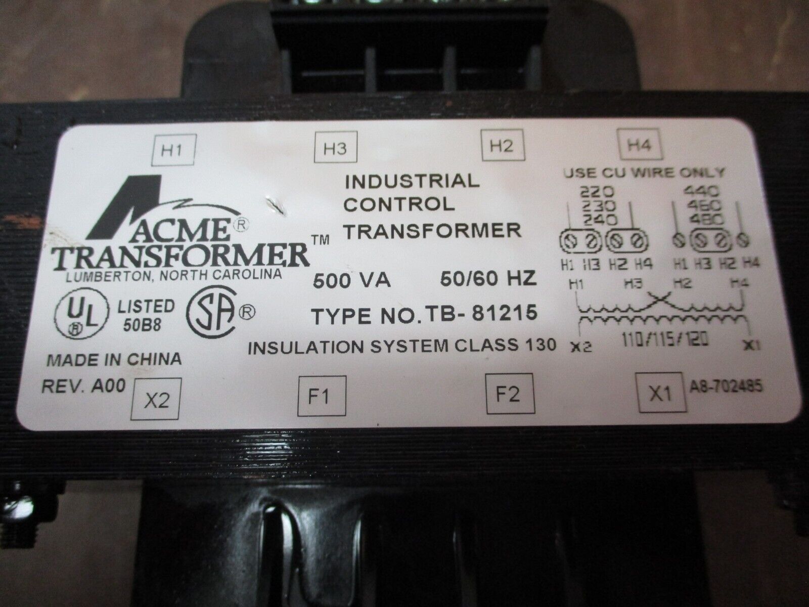 Acme Transformer Control Transformer TB-81215 500VA Pri: 240/480V Sec: 120V Used