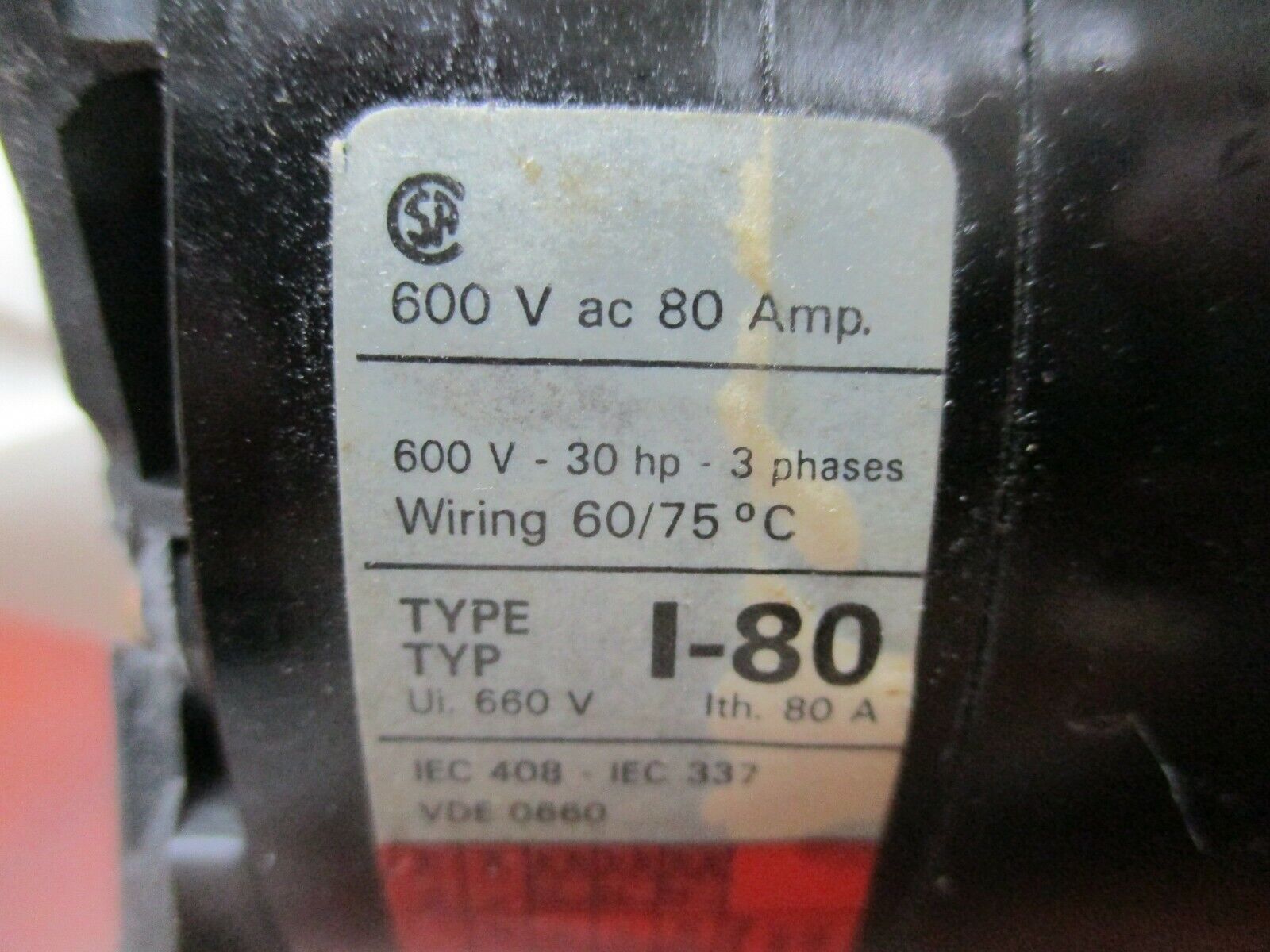 Entrelec Type I-80 Rotary Switch VY80/S/32613 80A 600V *Broken Mount* Used
