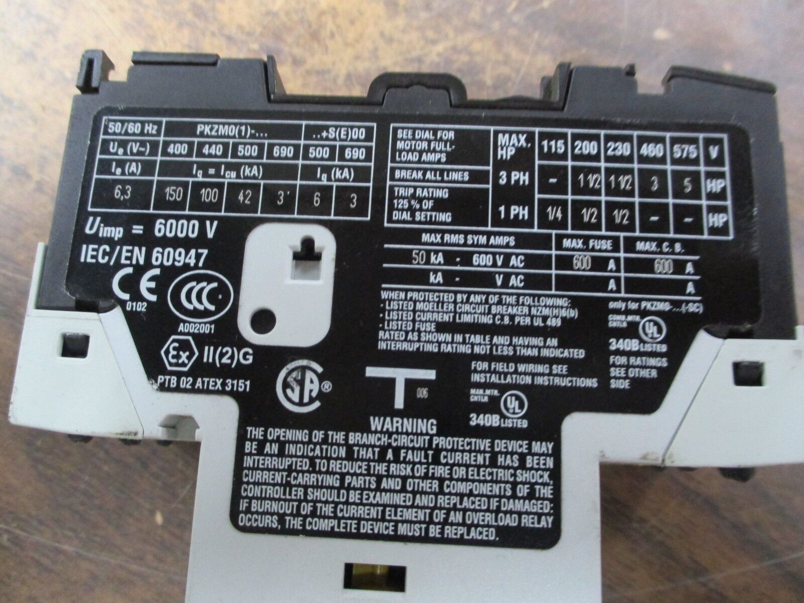 Moeller Motor Protector PKZM0-6,3-C Trip: 4-6.3A 600V Used