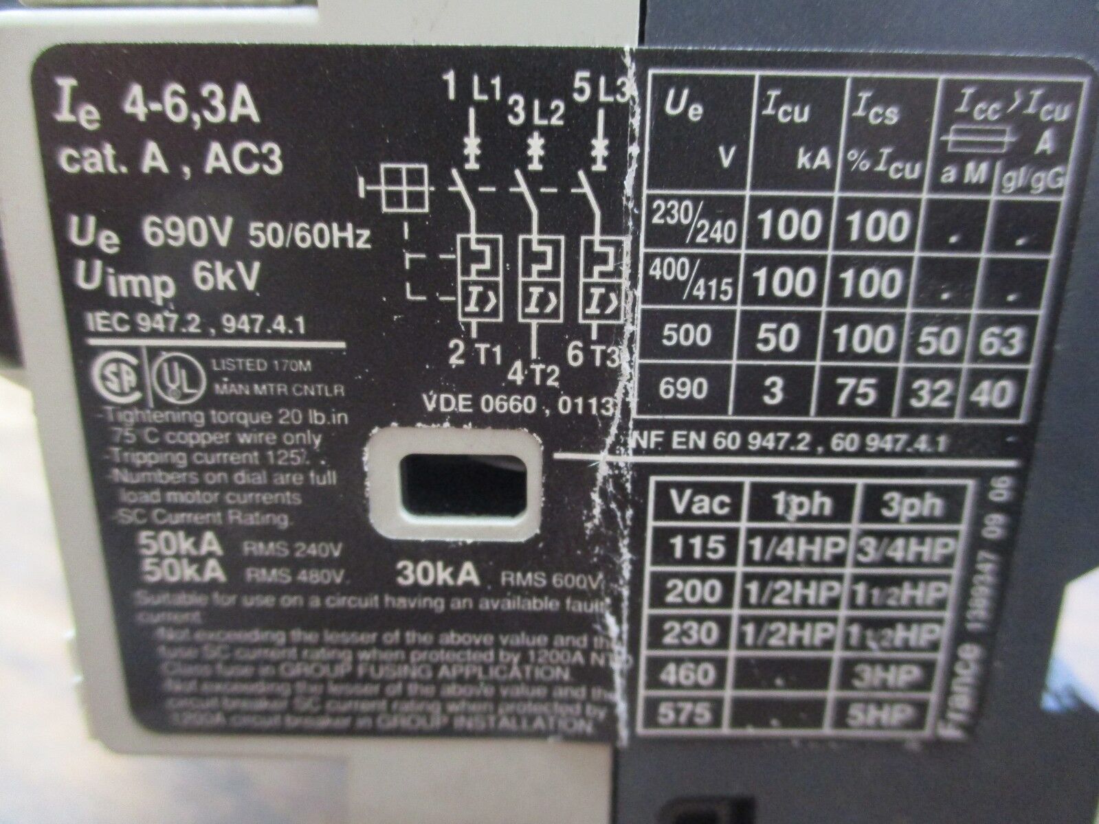 Telemecanique Manual Starter GV2-M10 Trip: 4-6.3A Used