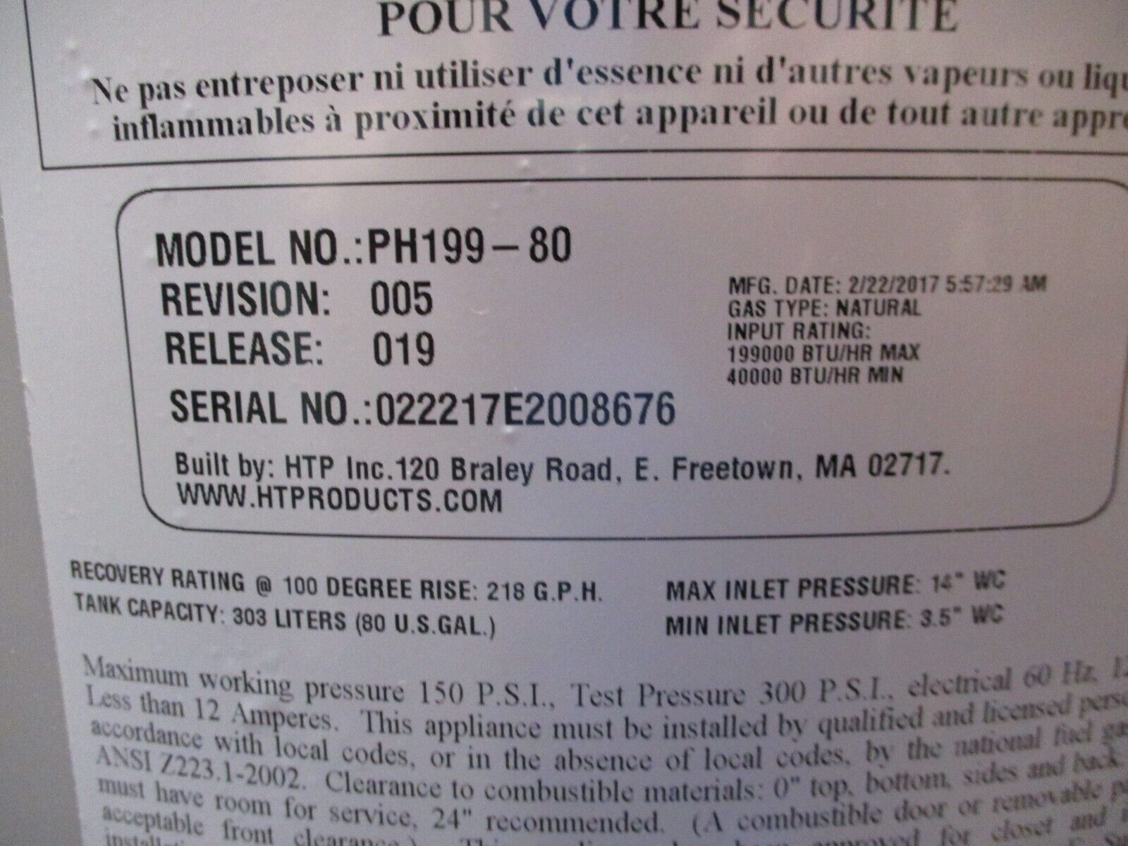 HTP Phoenix Water Heater PH199-80 Rev. 005 80-Gallon 199,000 BTU MFD: 2017 Used