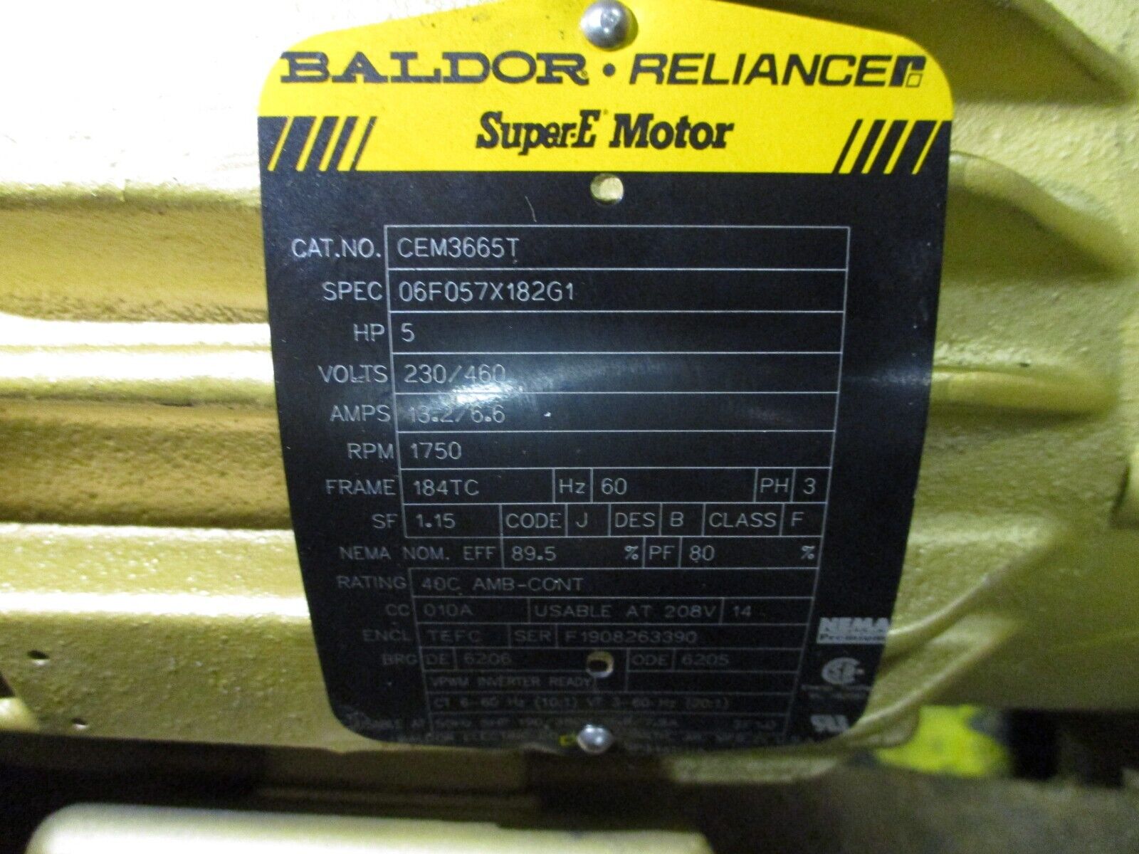 Baldor Motor CEM3665T 5HP 1800RPM 230/460V 13.2/6.6A 3Ph 60Hz Used