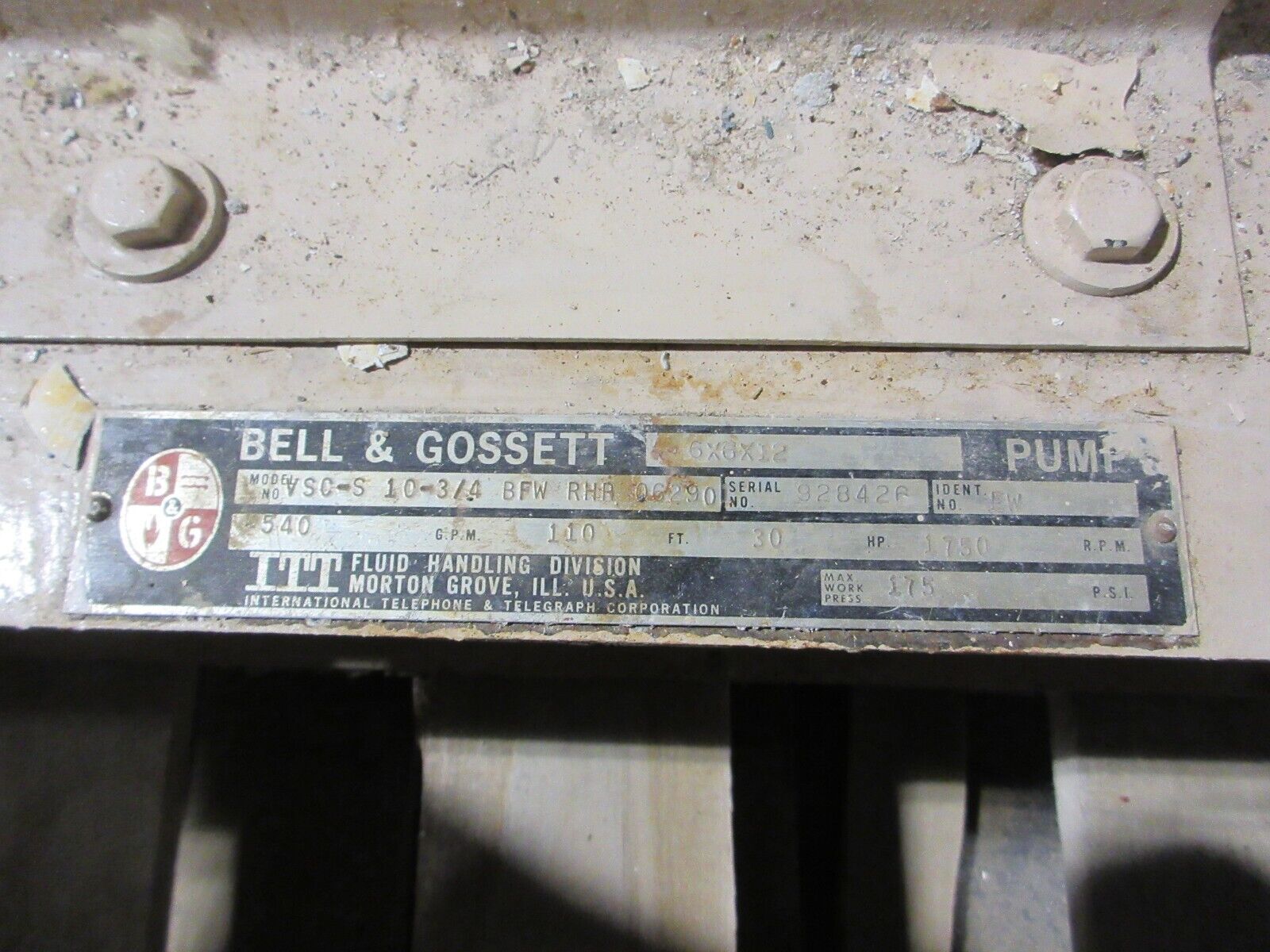 Bell & Gossett 6X6X12 Pump VSC-S 10-3/4 BFW RHR Q62901 540GPM 30HP 1750RPM Used