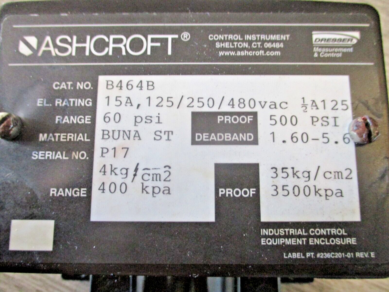 Ashcroft Pressure Switch B464B 60PSI 15A 125/250/480VAC 125VDC New Surplus