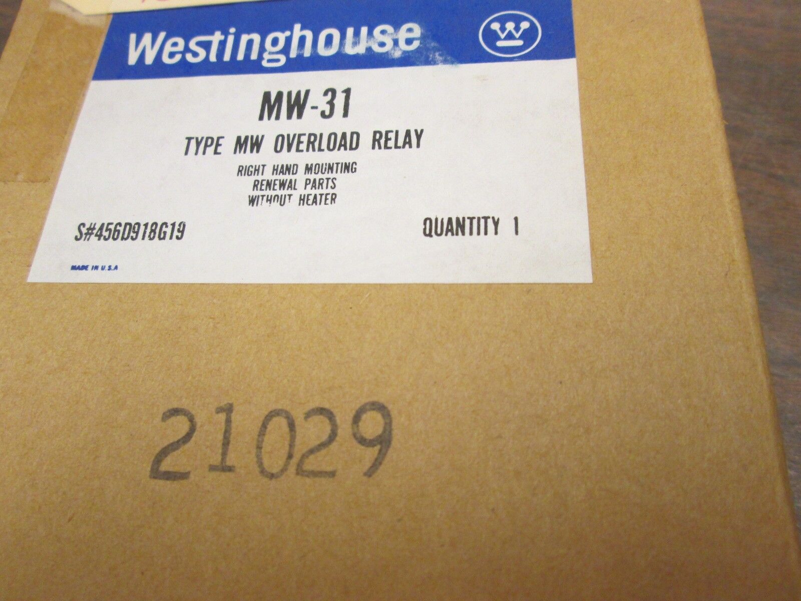 Westinghouse Type MW Overload Relay MW-31 w/o Heater New Surplus