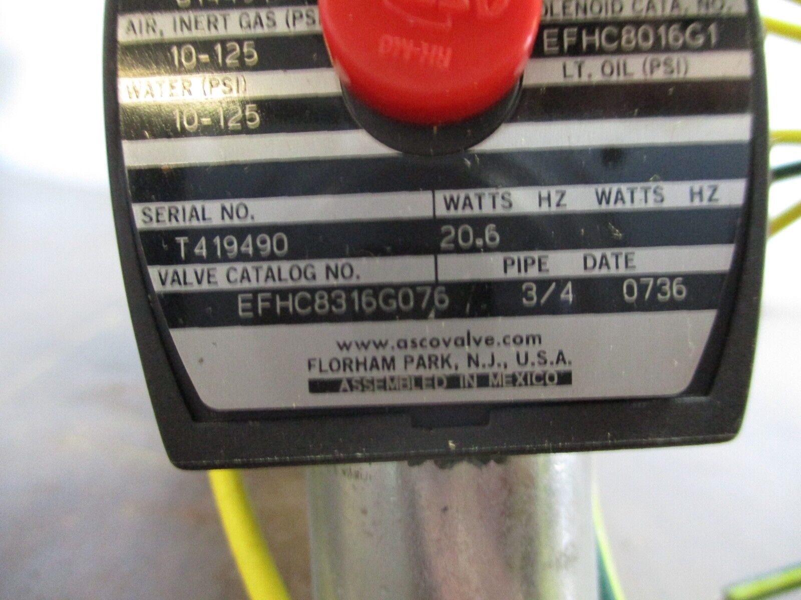 Asco Red Hat Solenoid Valve EFHC8316G076 125VDC Coil New Surplus