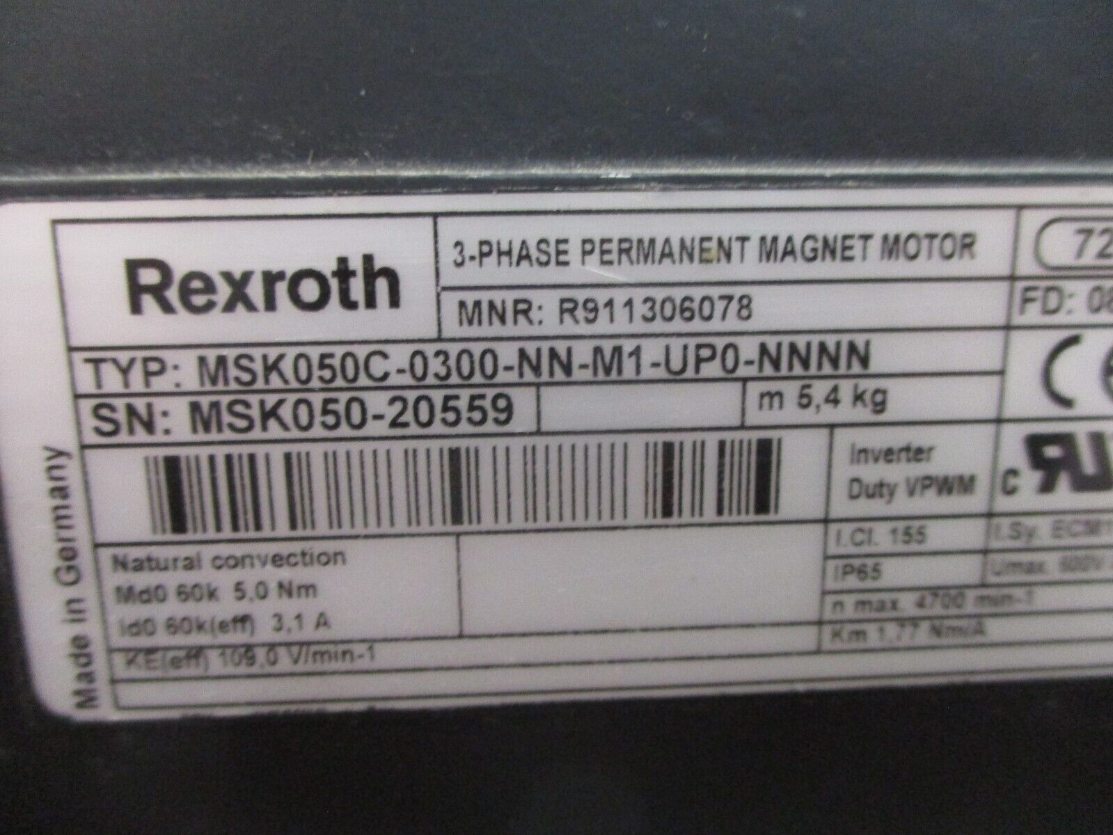 Rexroth Servo Motor MSK050C-0300-NN-M1-UP0-NNNN 3.1A 600V 1.77 Nm/A Used