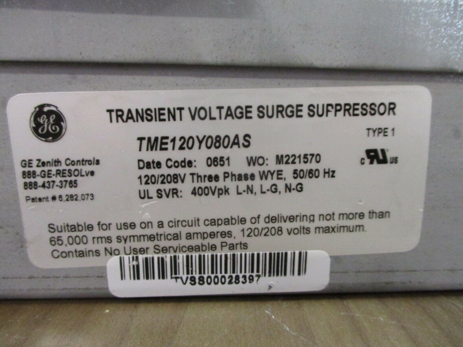 GE Surge Suppressor TME120Y080AS 120/208V 3Ph 50/60 Hz SVR: 400Vpk L-N, L-G, N-G