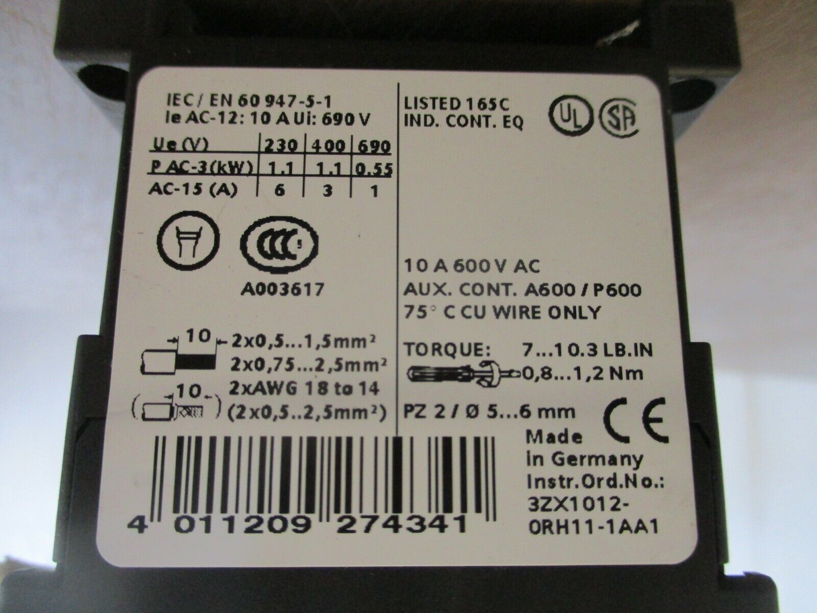 Siemens Sirius Contactor 3RH1140-1BB40 24VDC Coil 600V 10A w/Aux Contact Block