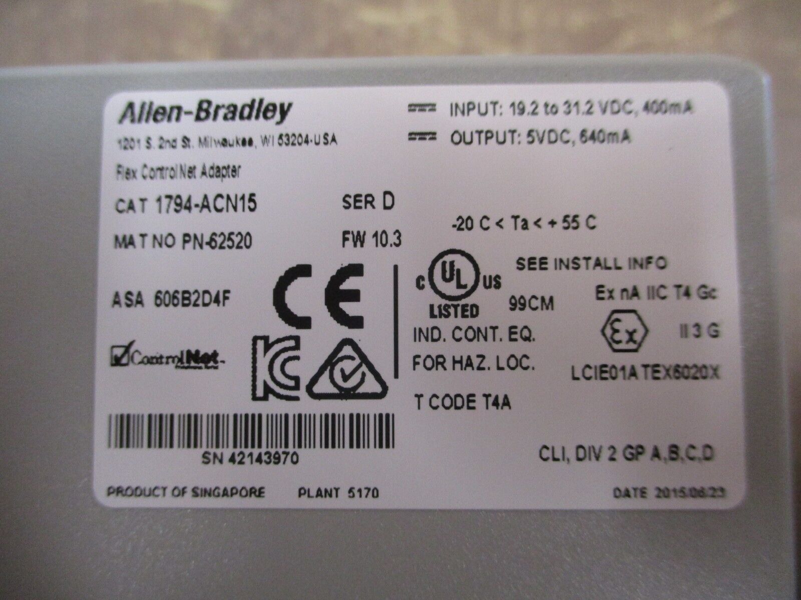 Allen-Bradley Flex I/O ControlNet Adapter Module 1794-ACN15 Ser. D F/W Rev. 10.3