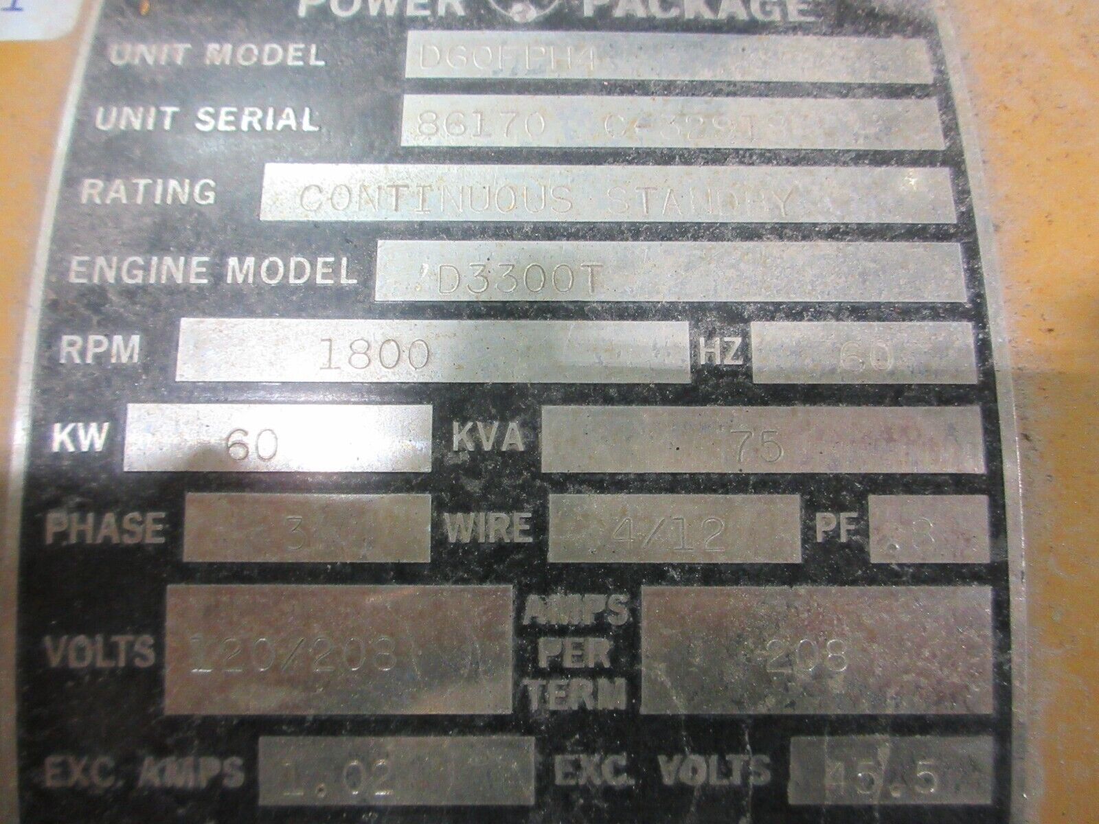 Katolight Generator D60FPH4 60kW 75kVA 120/208V 3Ph 60Hz 4/12 Wire Used