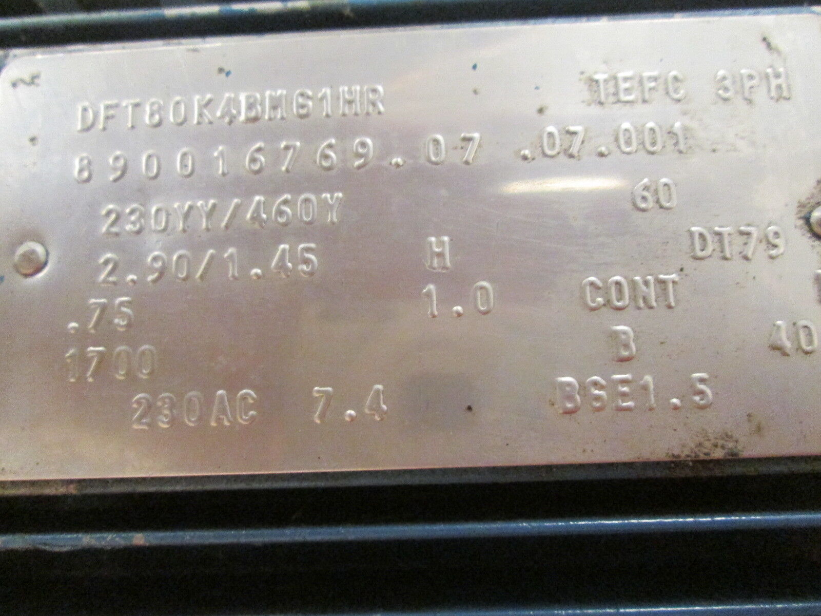 SEW Gearmotor DFT80K4BMG1HR .75HP 1800RPM ENCL:TEFC 230YY/460V 2.90/1.45A Used