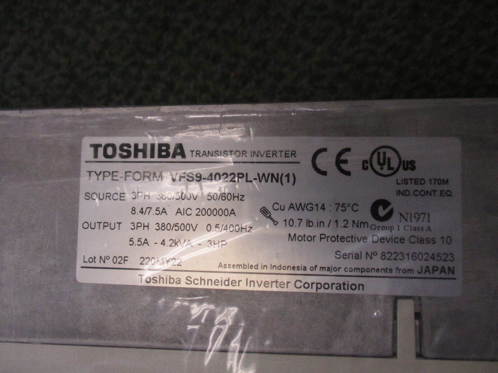 Toshiba VF Series AC Drive VFS9-4022PL-WN9(1) 3Hp New Surplus