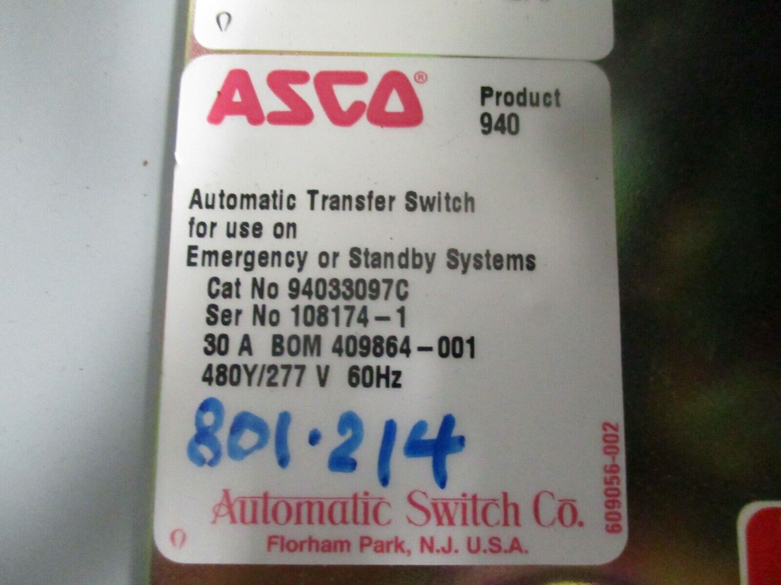 Asco Series 940 Automatic Transfer Switch 94033097C 30A 480Y/277V 60Hz Used