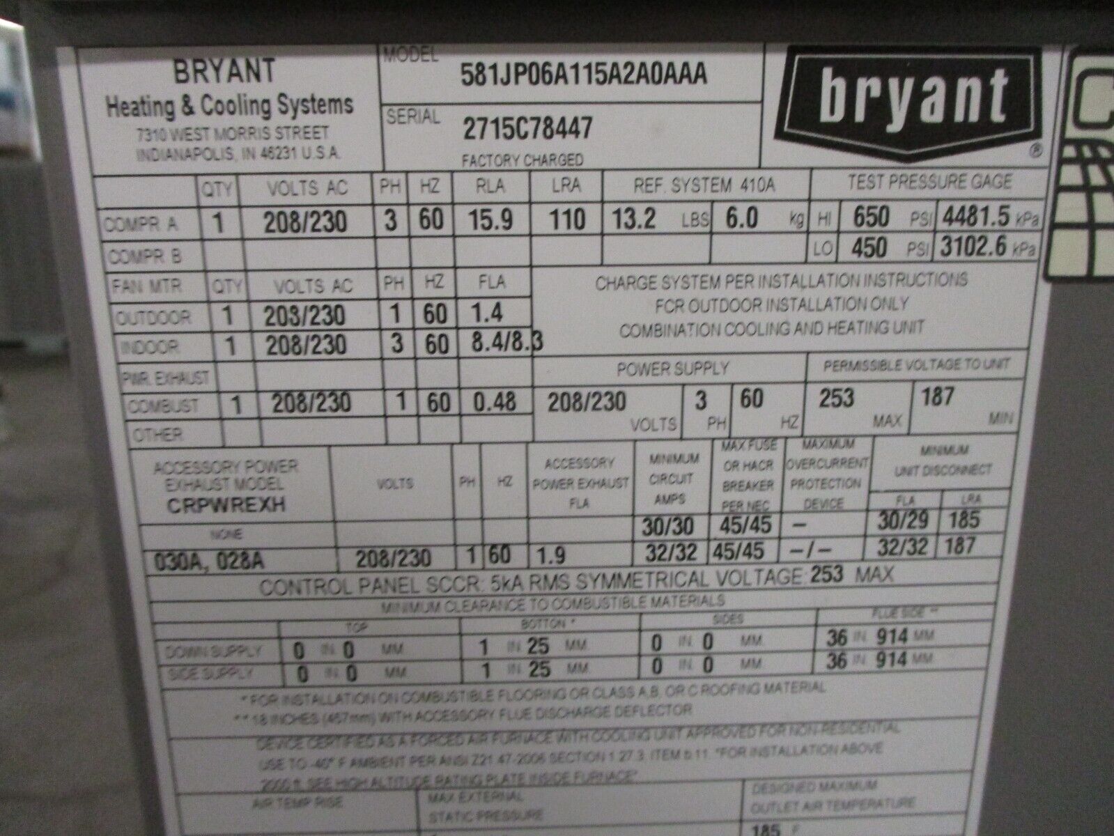 Bryant 581J Rooftop Unit 581JP06A115A2A0AAA 5 Ton 208/230V MFD 2015 Used