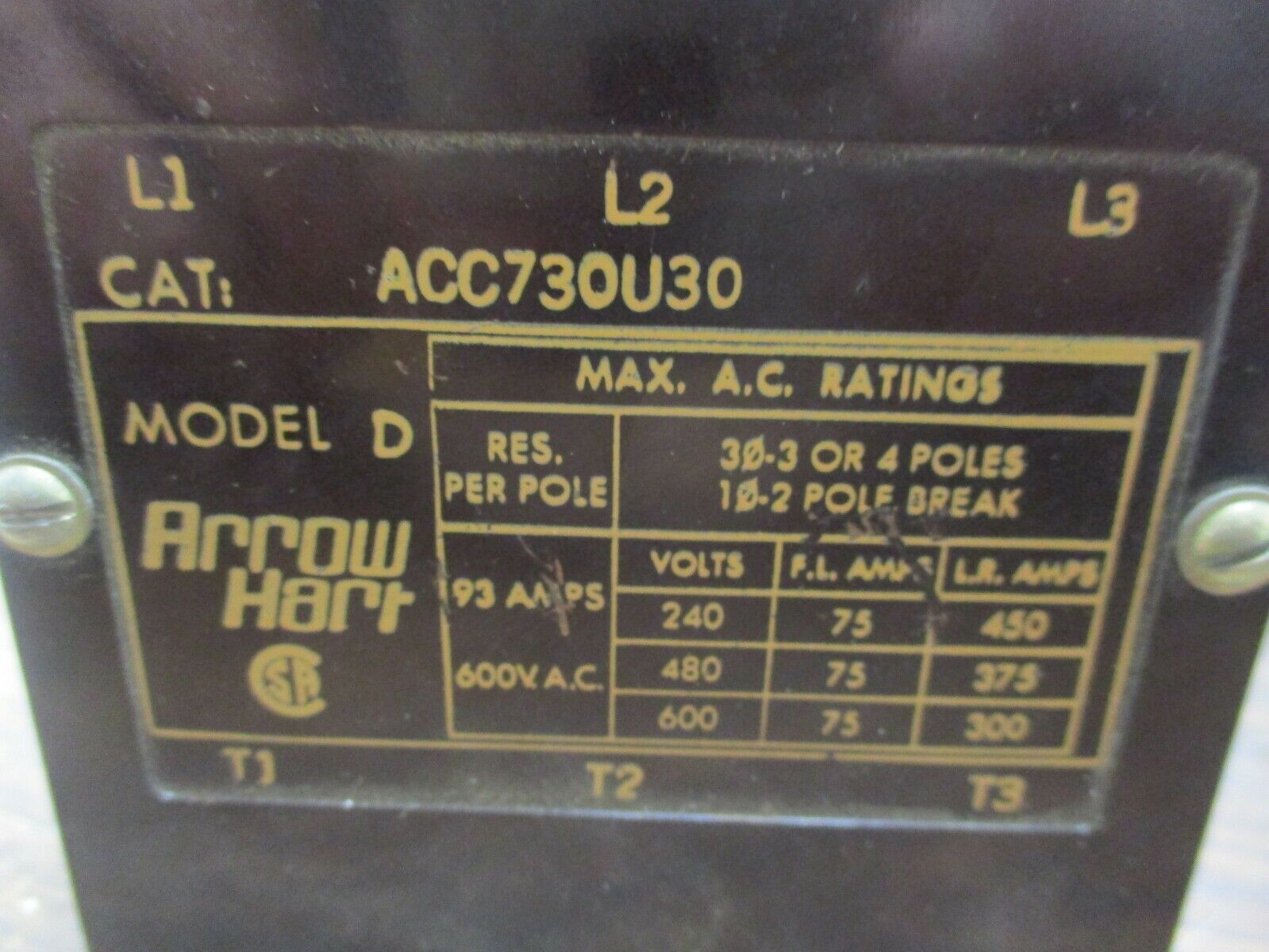 Arrow Hart Model D Contactor ACC730U30 208-240V Coil 75A 600V Used