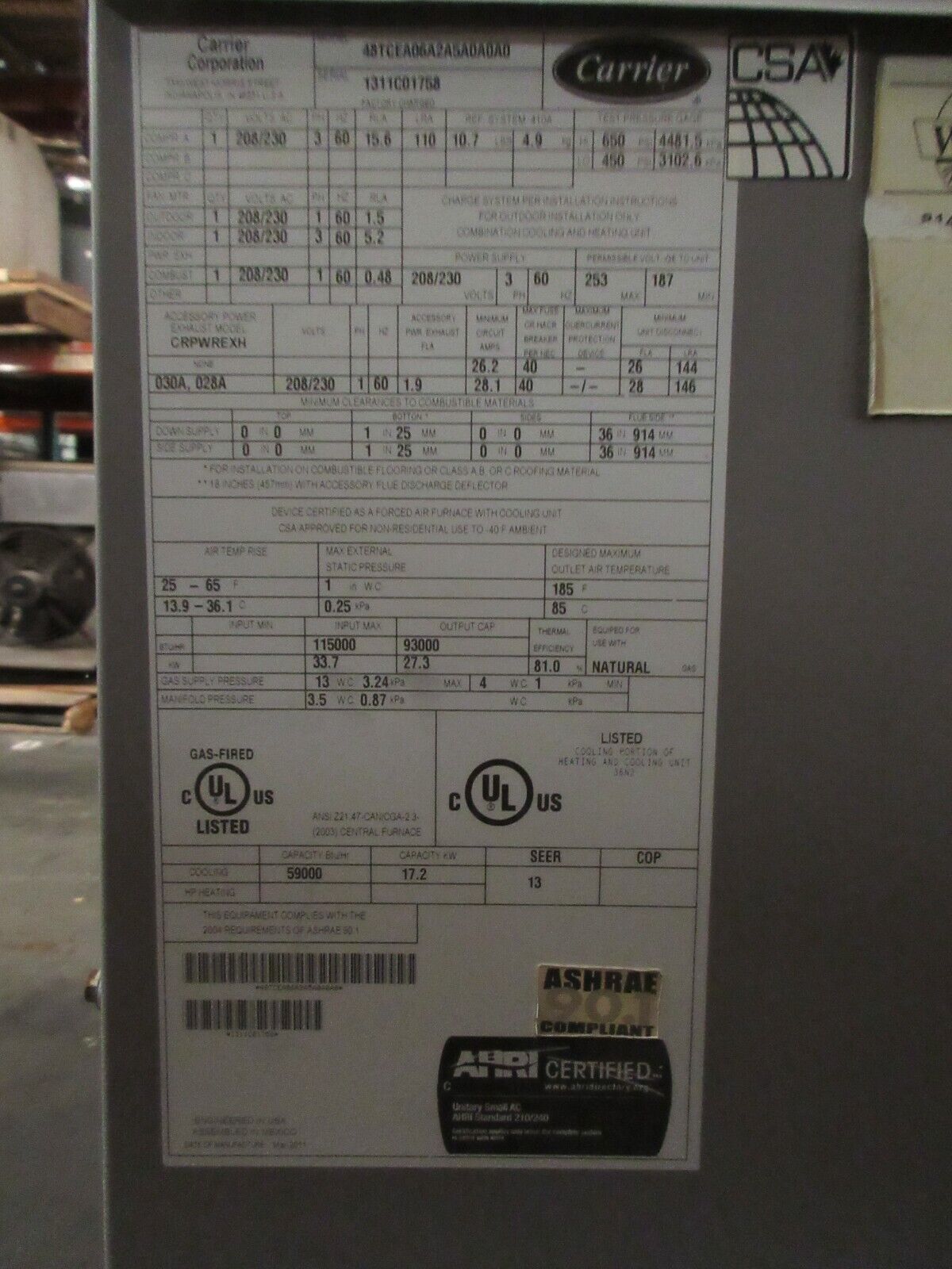 Carrier Rooftop Unit 48TCEA06A2A5A0A0A0 5-Ton 208/230V 3Ph w/ Heat MFD 2011 Used
