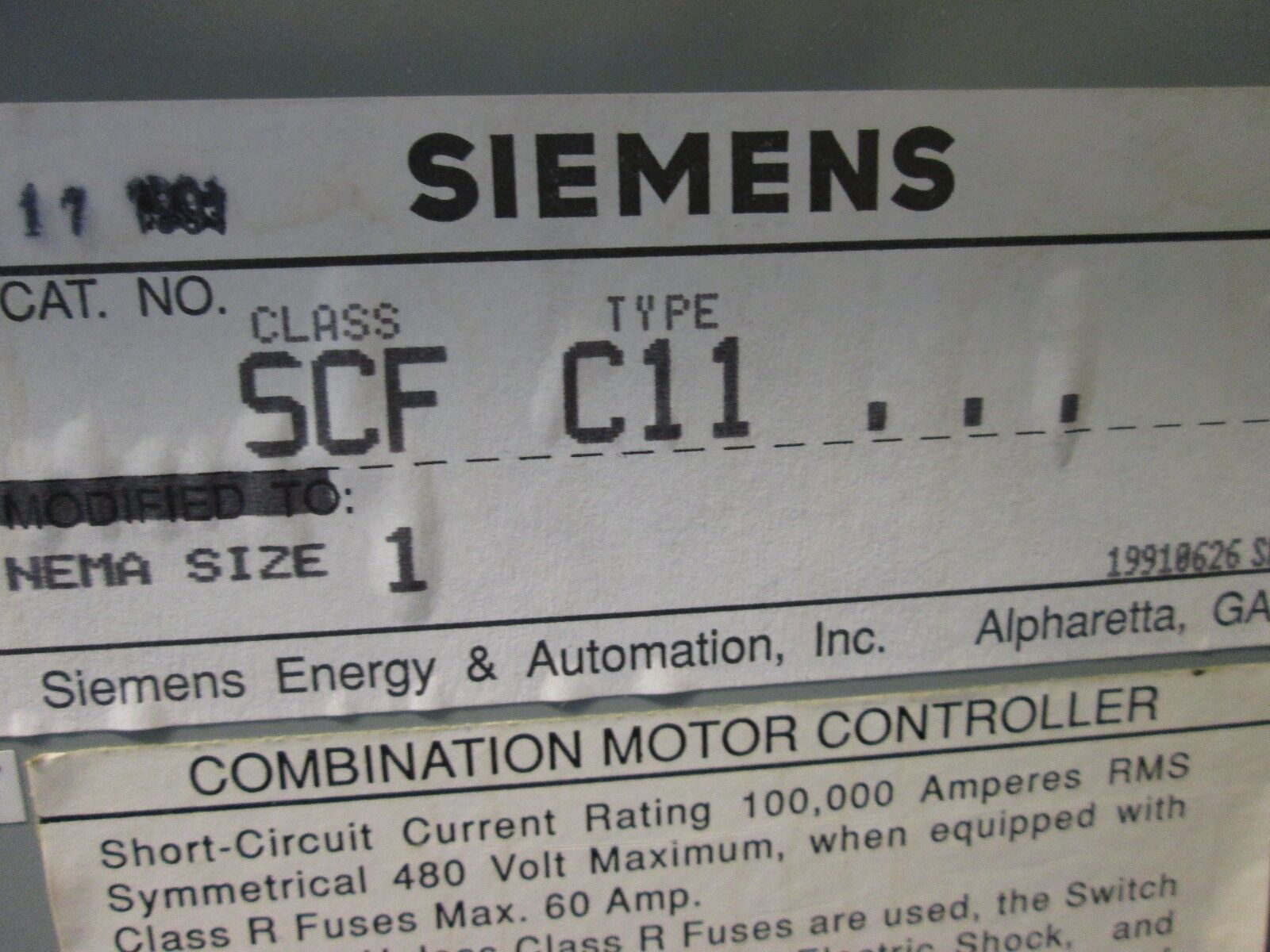 Siemens Fusible Combination SCF C11 Size 1 120V Coil Used
