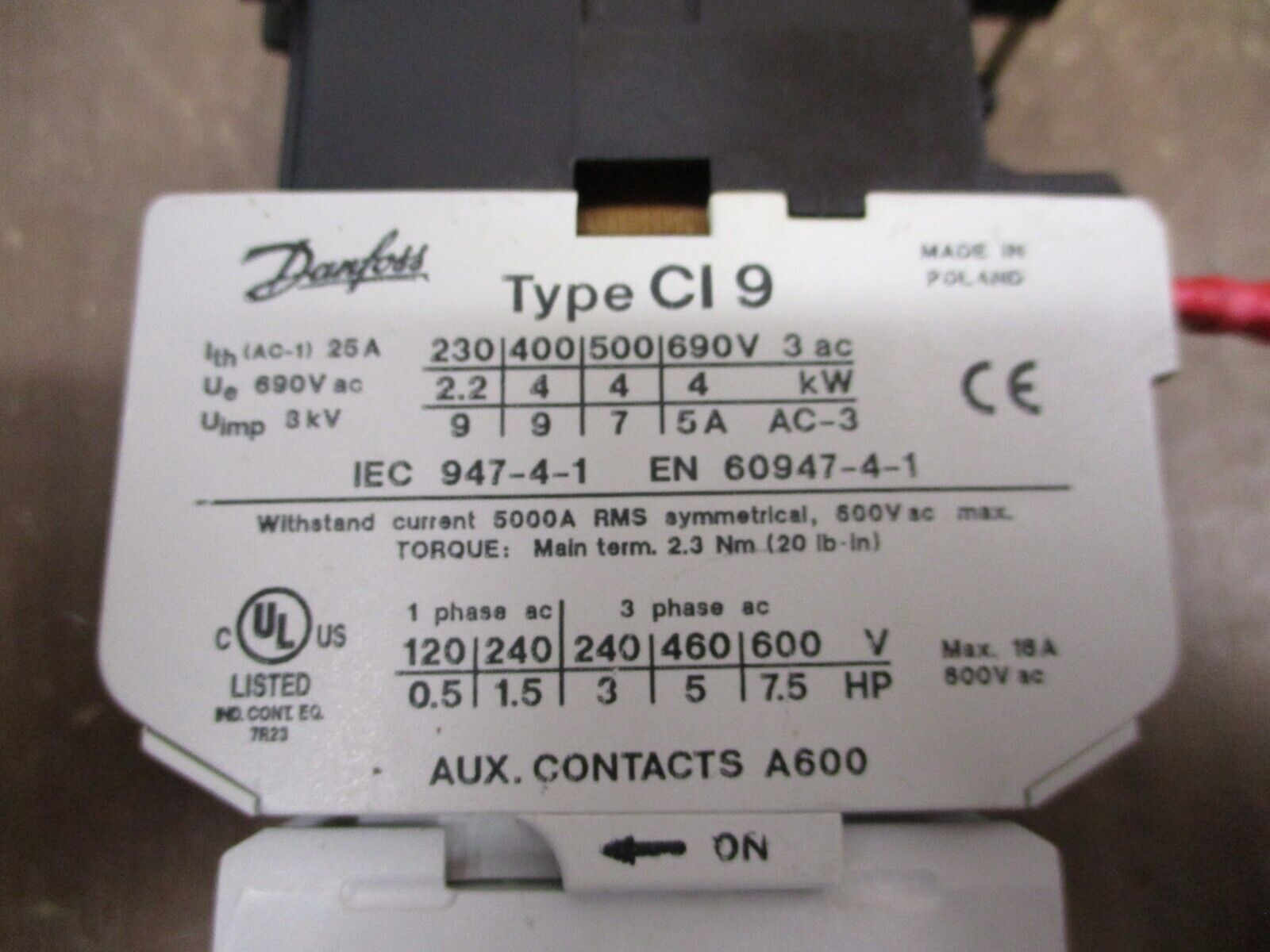 Danfoss Contactor CI 9 110V Coil 18A 600V w/ (3) Aux Contact Used
