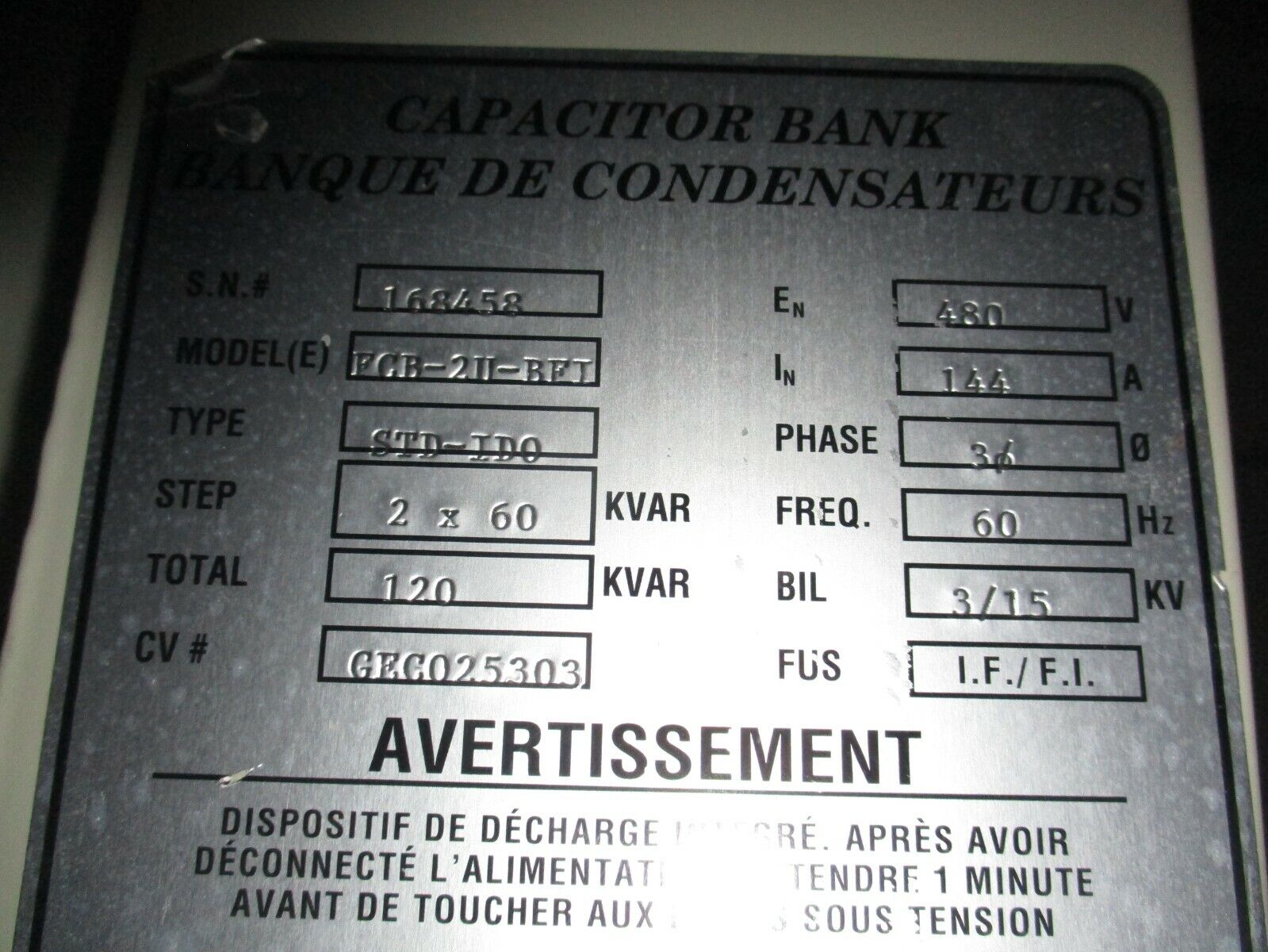 Gentec Capacitor Bank FCB-2U-BFI Type STD-ID0 120kVAR 480V 3Ph 60Hz Used