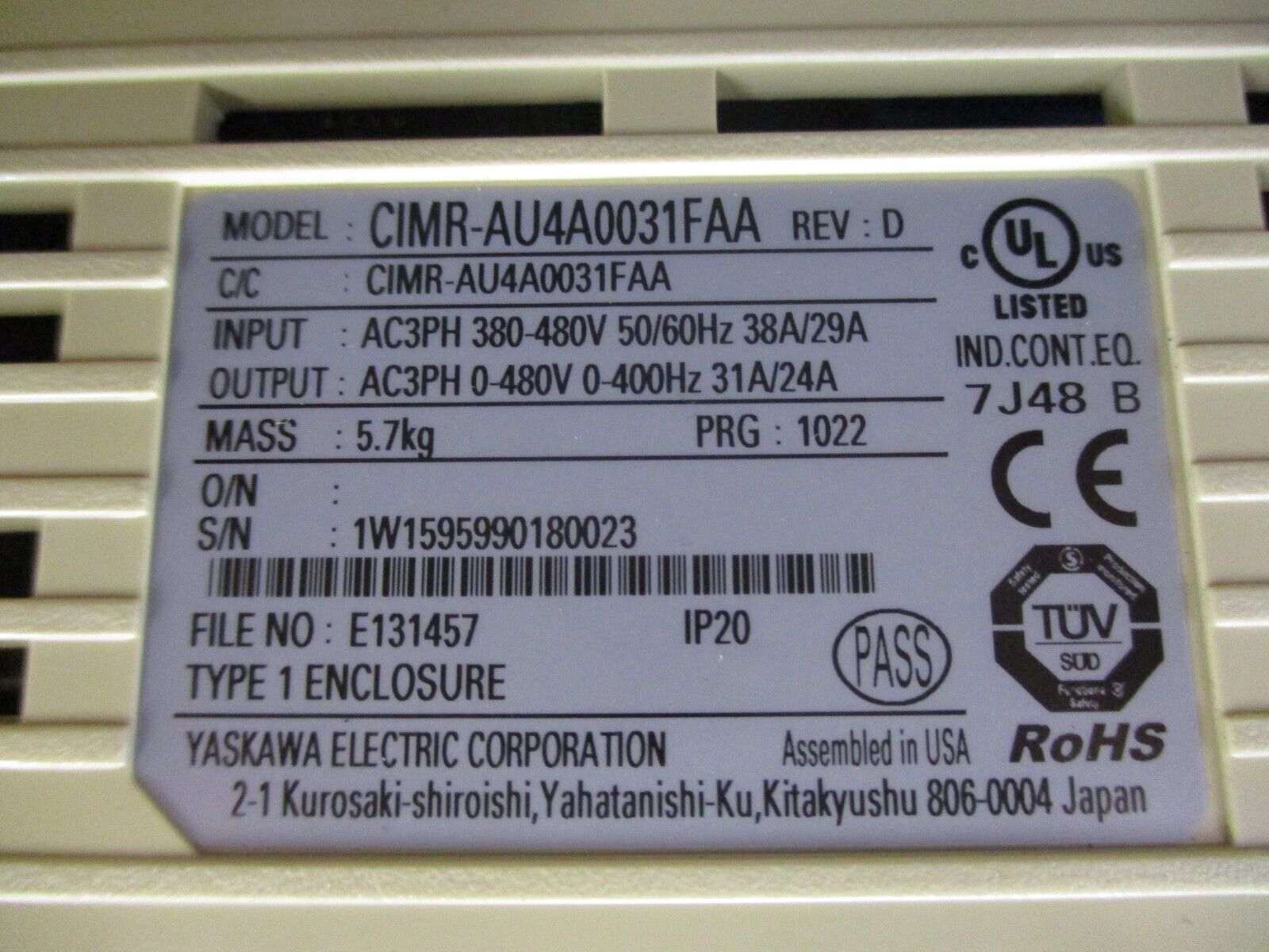 Yaskawa A1000 AC Drive CIMR-AU4A0031FAA Rev. D 20HP 3Ph w/ Keypad Used