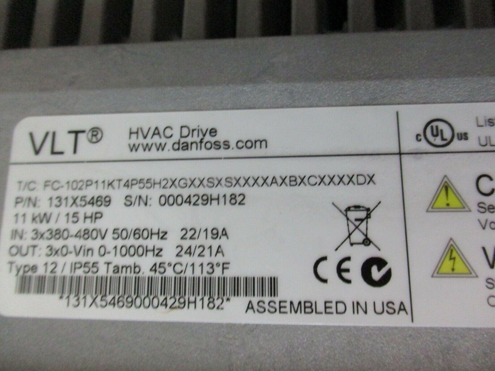 Danfoss VLT AC Drive 131X5469 15HP 3Ph Type 12 Enclosure Used