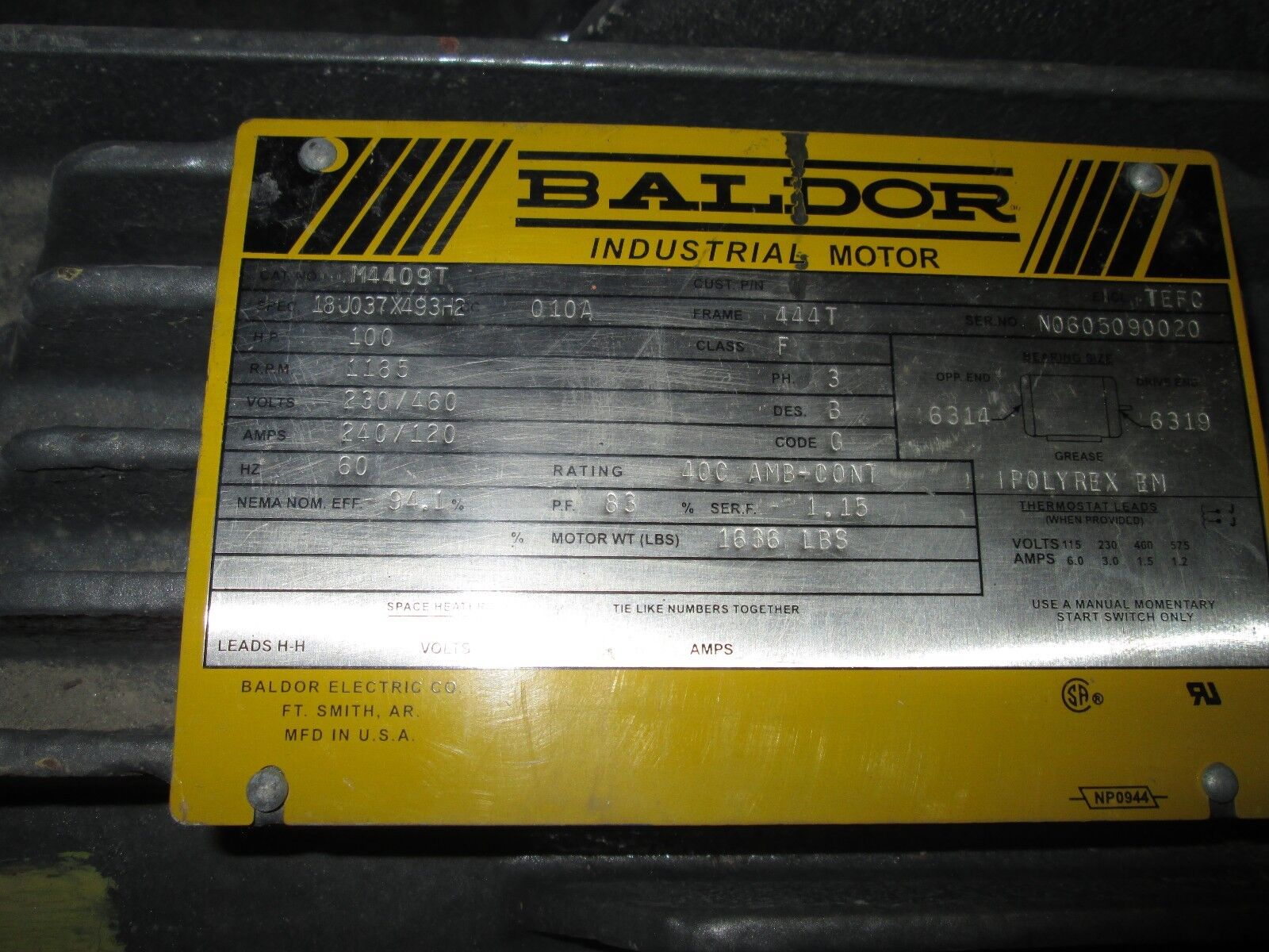 Baldor Motor M4409T 100HP 1200 RPM's 444T Frame 230/460V 240/120A