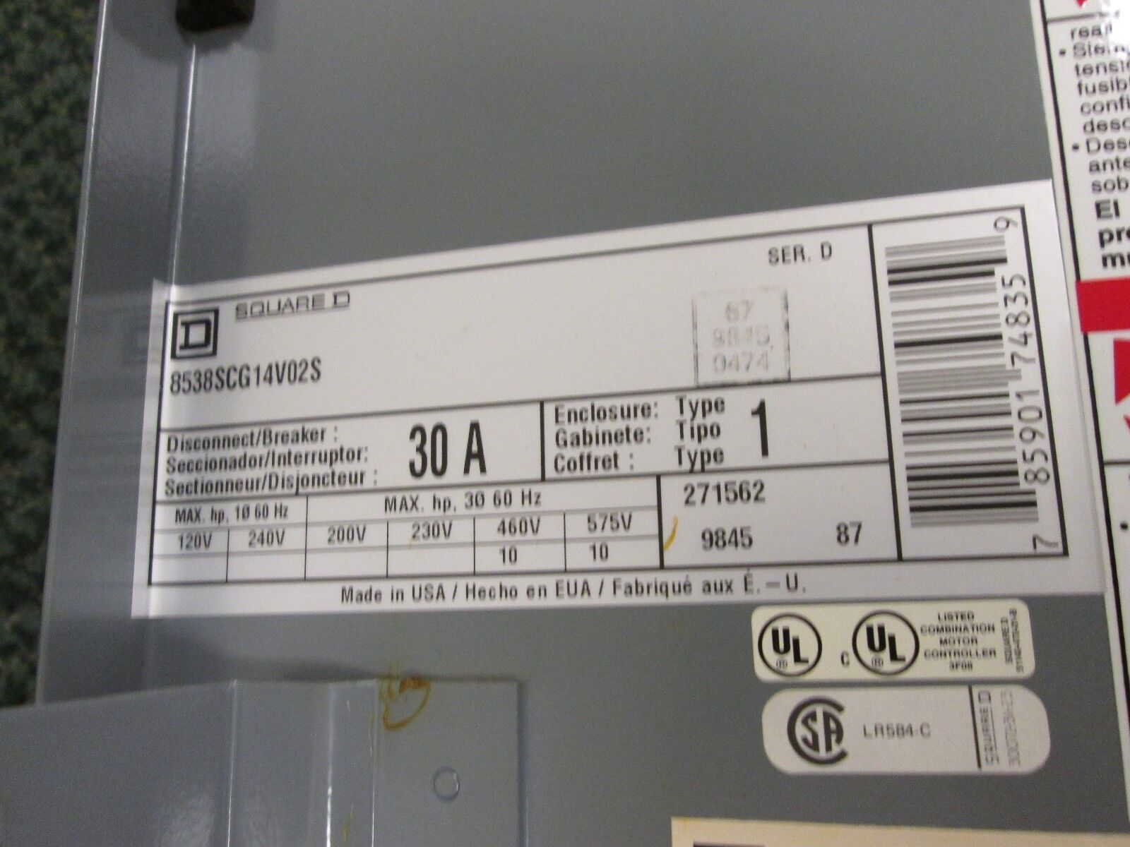 Square D Fusible Combination 8538SCG14V02S 120V Coil Nema 1 Enclosure size 0