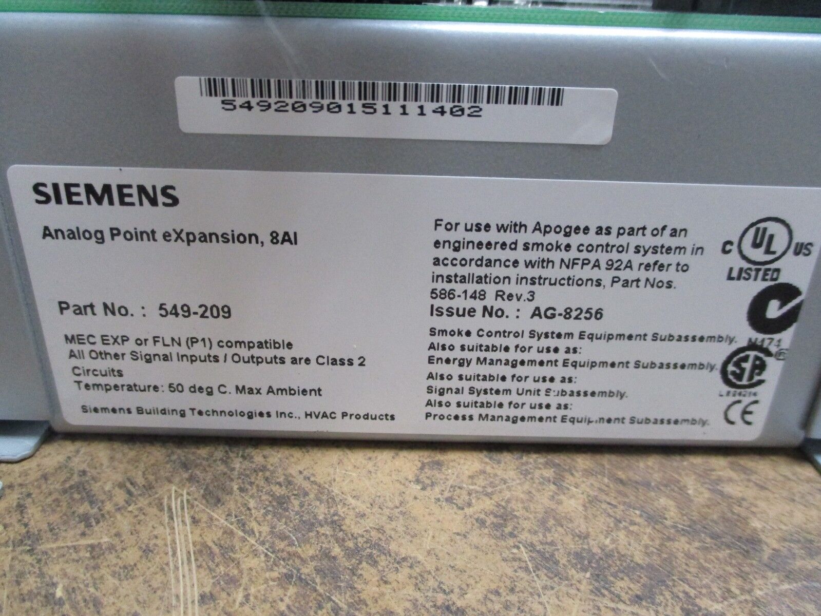 Siemens APOGEE Automation Analog Point Expansion Module 549-209 w/ 8AI Used