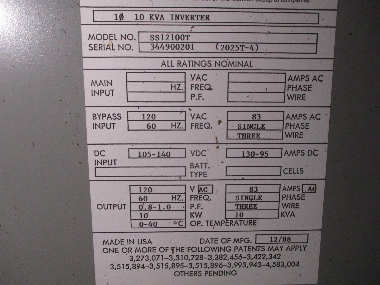 SCI 10 KVA Inverter SS12100T Input: 105-140VDC 130-95A Used