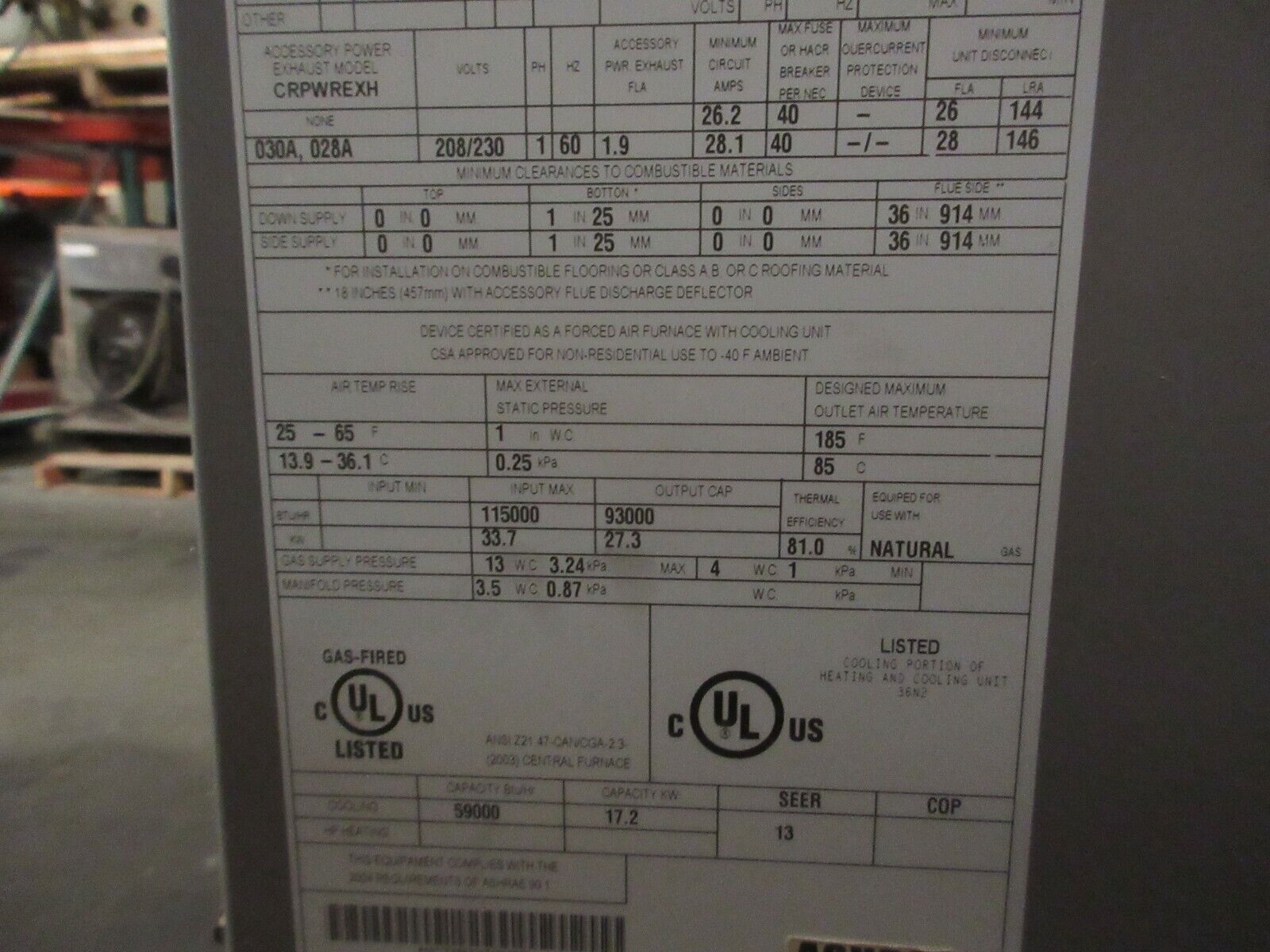 Carrier Rooftop Unit 48TCEA06A2A5A0A0A0 5-Ton 208/230V 3Ph w/ Heat MFD 2011 Used