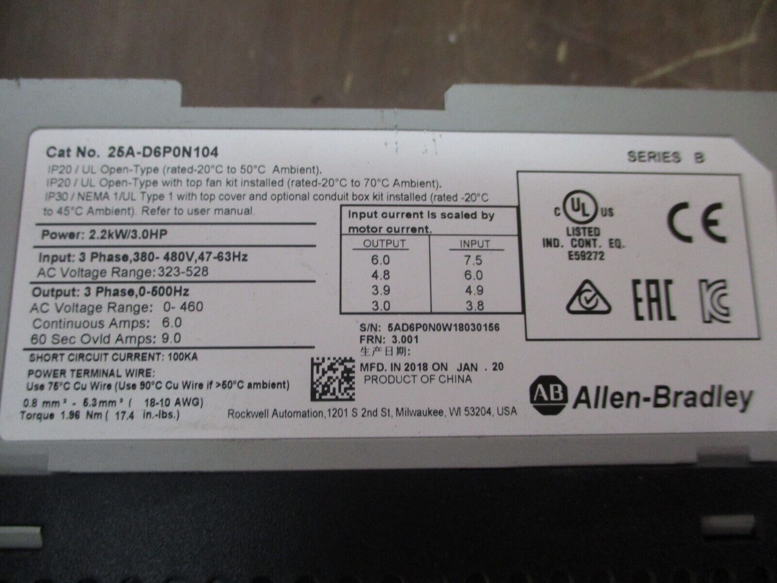 Allen-Bradley PowerFlex 523 AC Drive 25A-D6P0N104 Ser. B 3HP 3Ph Used