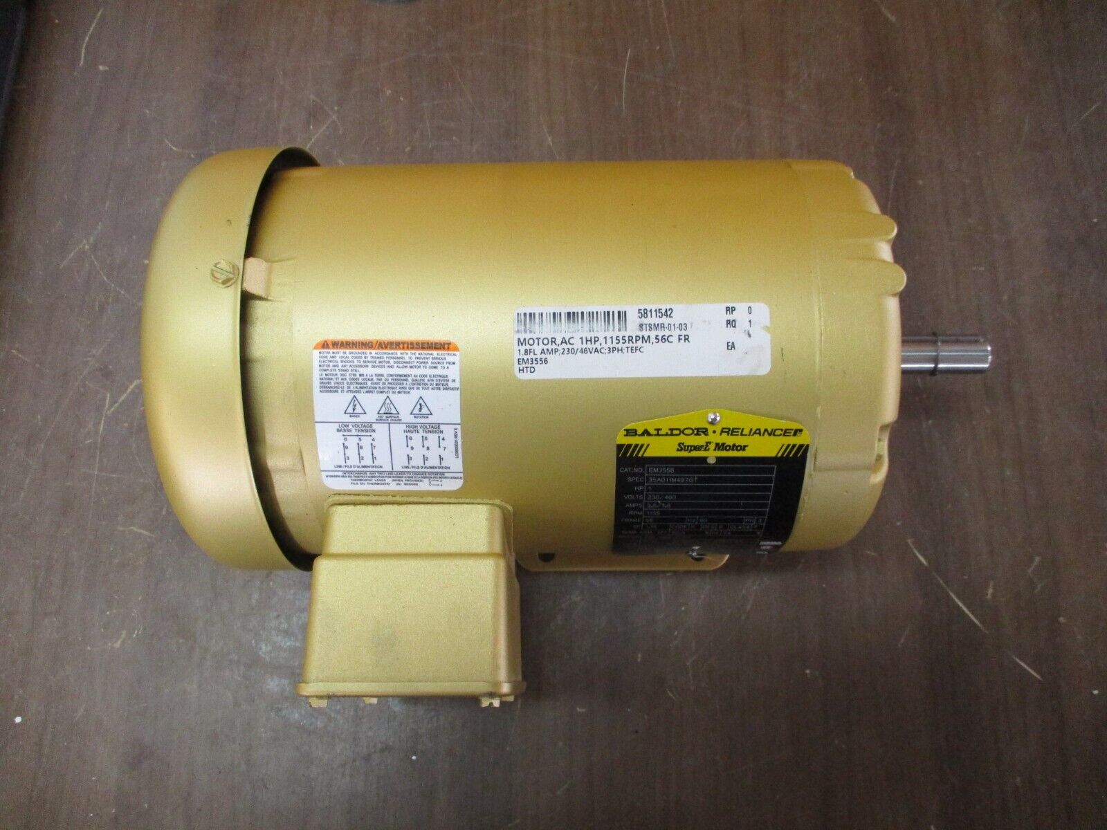 Baldor Motor EM3556 1HP 1200RPM 230/460V 3.6/1.8A 3Ph 60Hz New Surplus