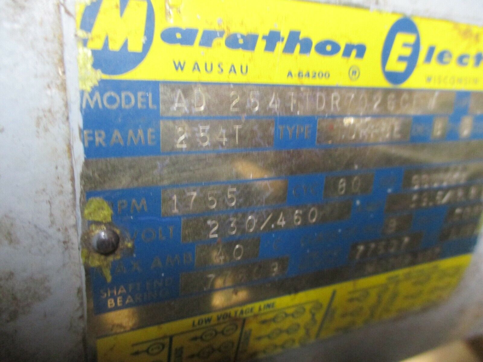 Marathon AC Motor AD 254TTD7026CEW 15HP 1800RPM FR:254T 230/460V 39.6/19.8A Used