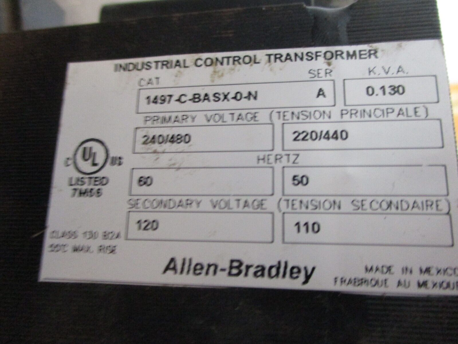 Allen-Bradley Control Transformer 1497-C-BASX-0-N Ser. A 0.130kVA Pri: 240/480V