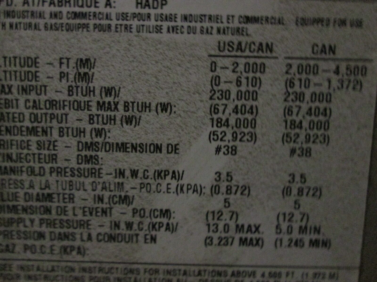 ADP Natural Gas Heater SEP-230A-5 184,000 BTU Output 5" Flute Diameter