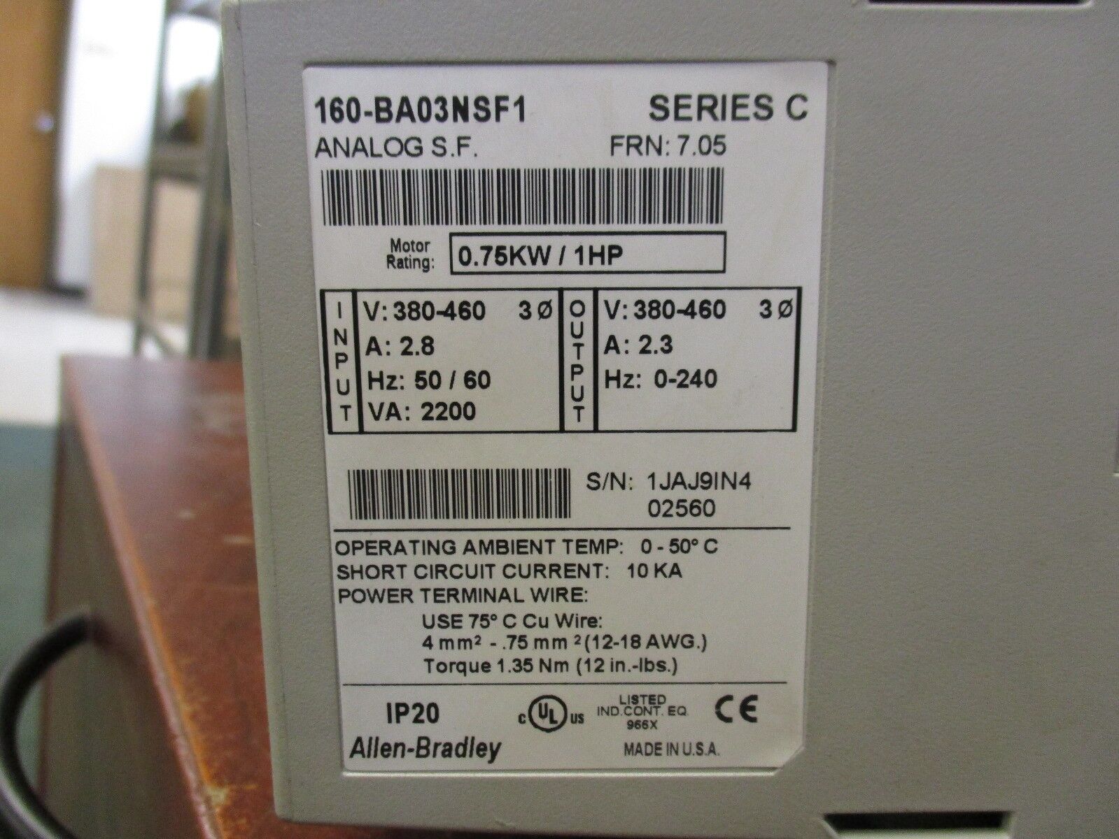 Allen-Bradley Smart Speed Controller 160-BA03NSF1 1HP FRN: 7.05 Used