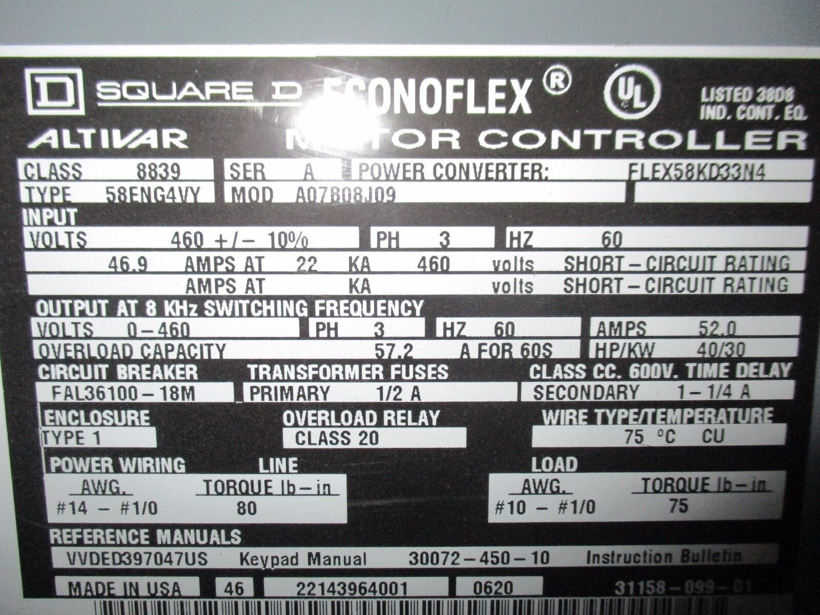 Square D Econoflex Altivar AC Drive 8839 58ENG4VY 40Hp 3Ph Used