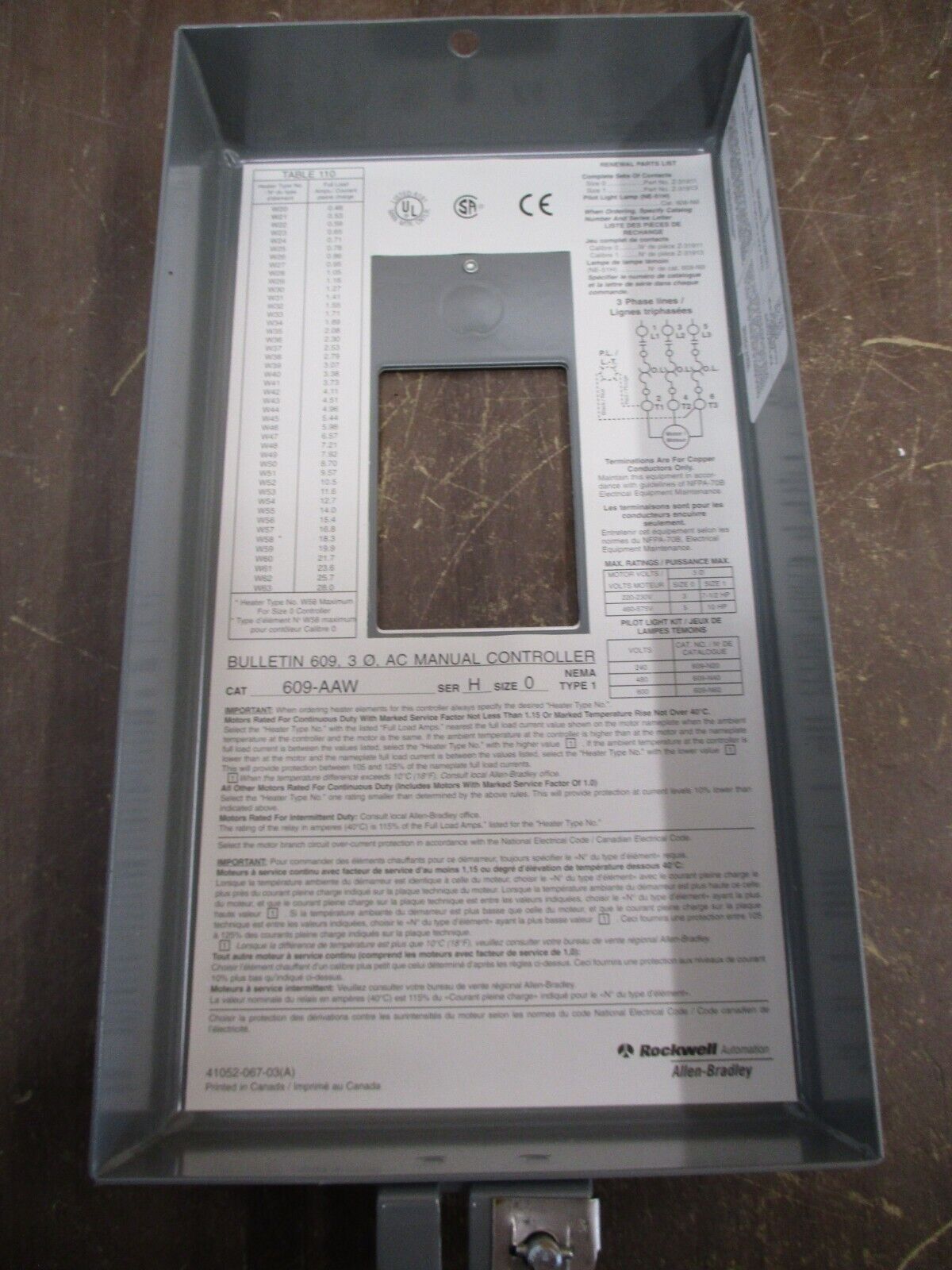 Allen-Bradley Enclosed Size 1 Manual Starter 609-AAW Ser. H 3Ph Type 1 Enclosure