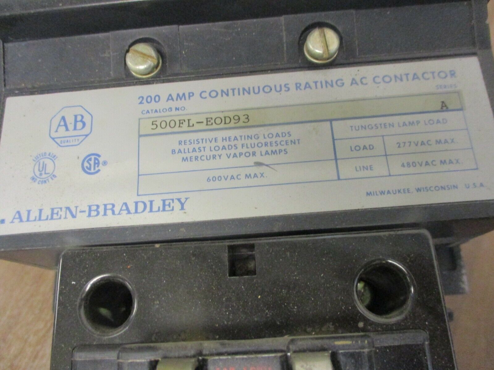 Allen-Bradley Contactor 500FL-EOD93 115-120V 200A 600V Used