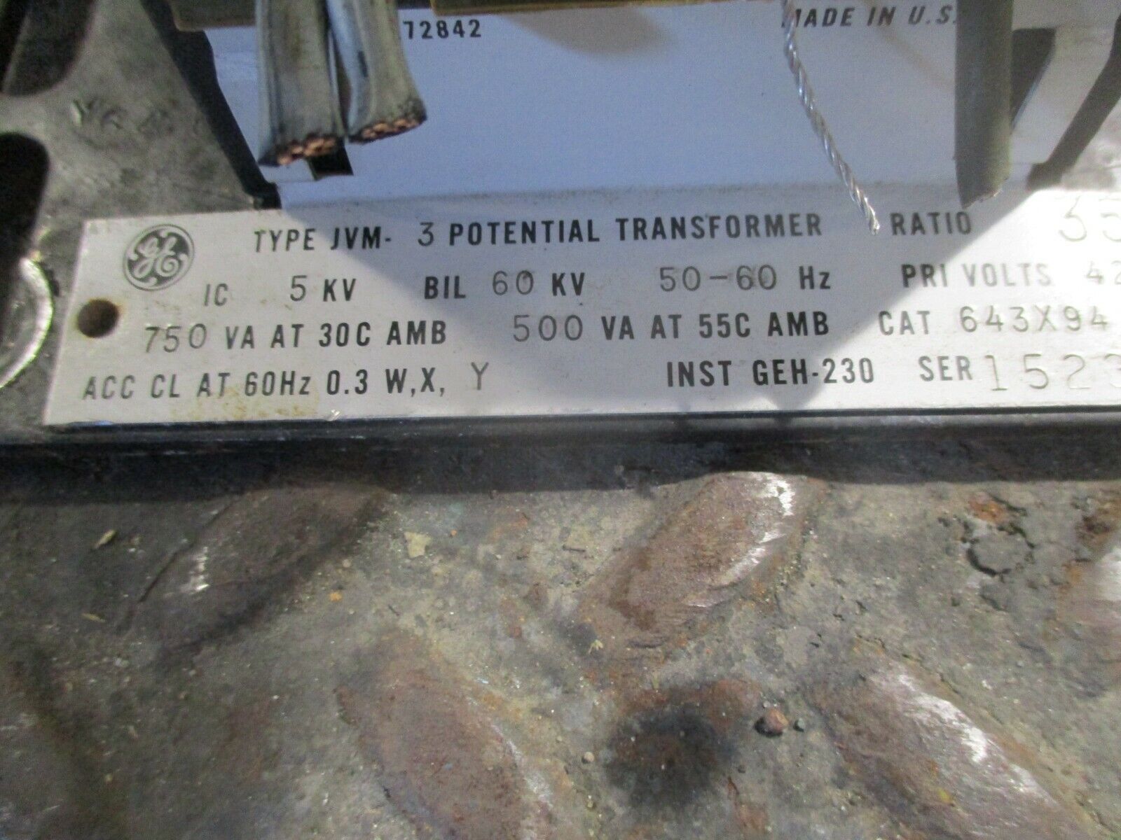 GE Type JVM-3 Potential Transformer 643X94 Ratio 35:1 Pri: 4200V 5KV 60KV BIL