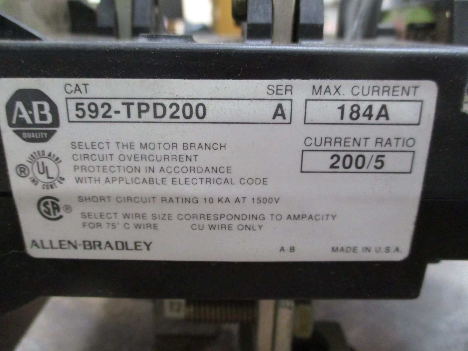 Allen-Bradley Thermal Overload Relay 592-TPD200 184A Ratio 200:5 120-600V Used
