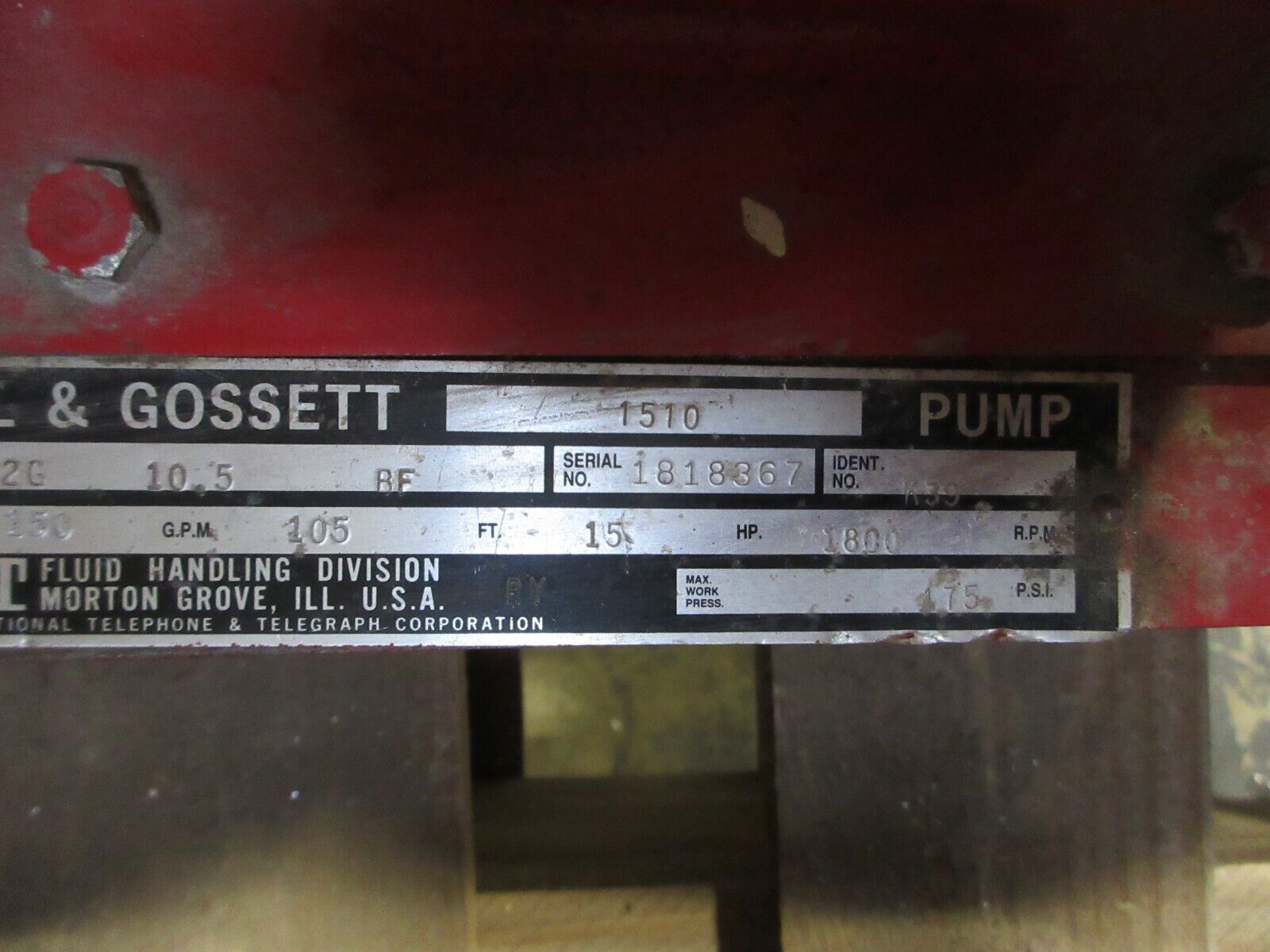 Bell & Gossett 1510 Pump 2G 10.5 BF 15HP 105FT Head 150GPM 1800RPM Used