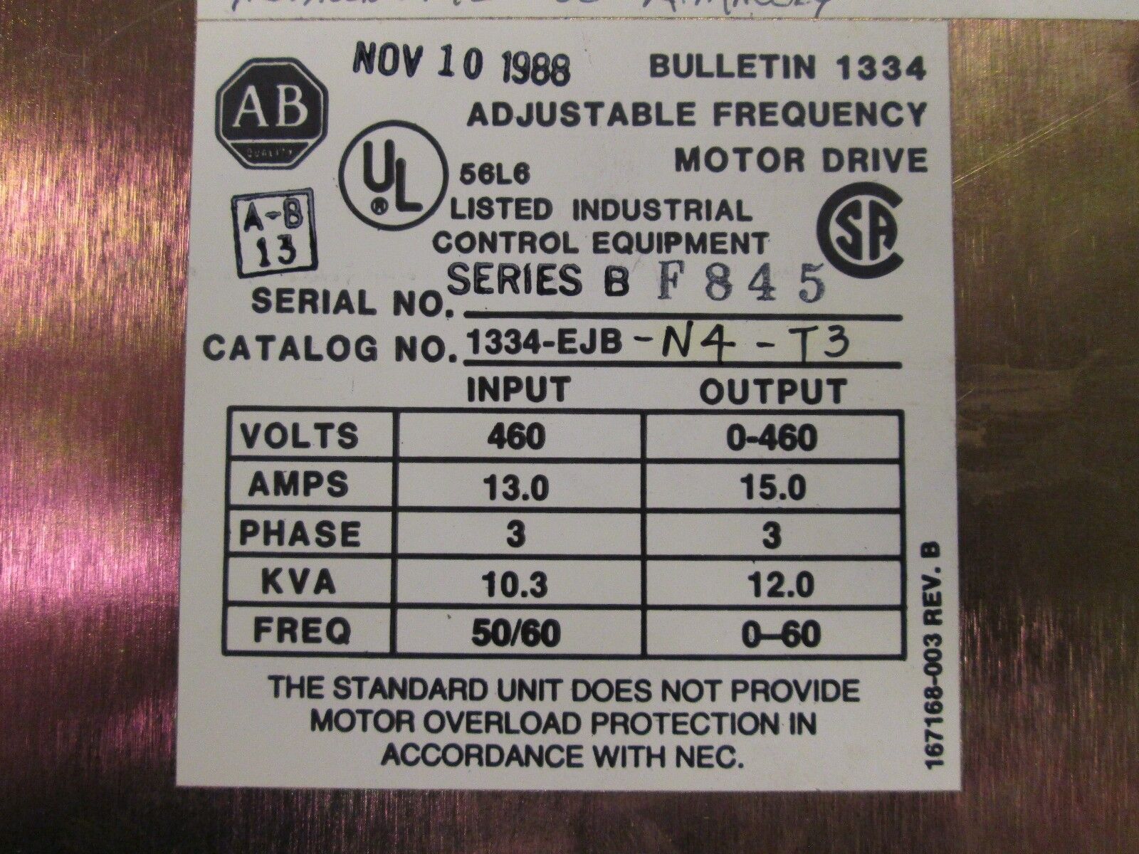 Allen-Bradley 1334 AC Drive 1334-EJB-N4-T3 15HP 3Ph Out: 0-460V 15A 12KVA Used