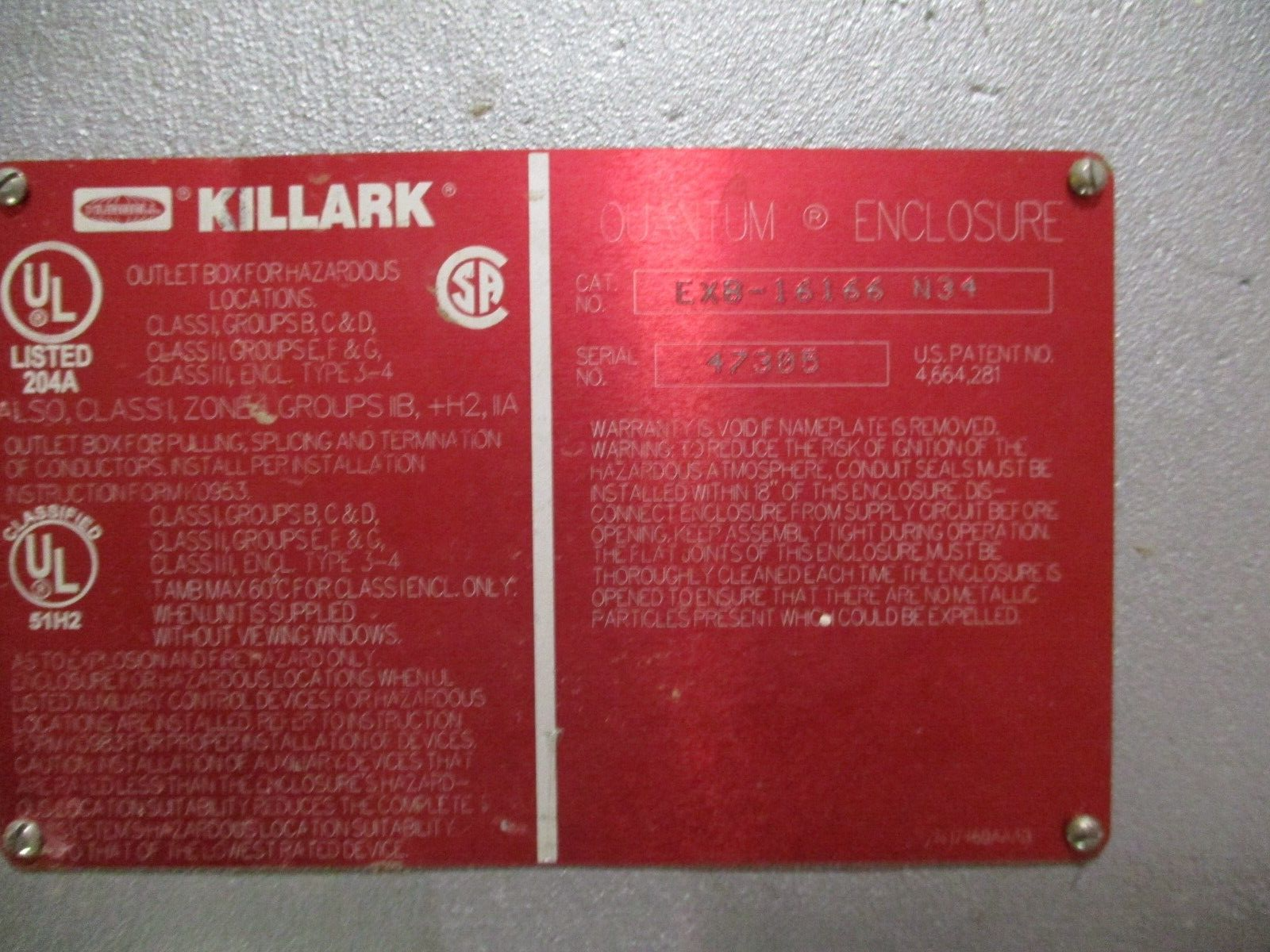 Hubbell Killark Quantum Explosion-Proof Enclosure EXB-16166 N34 Size: 16"x16"x6"